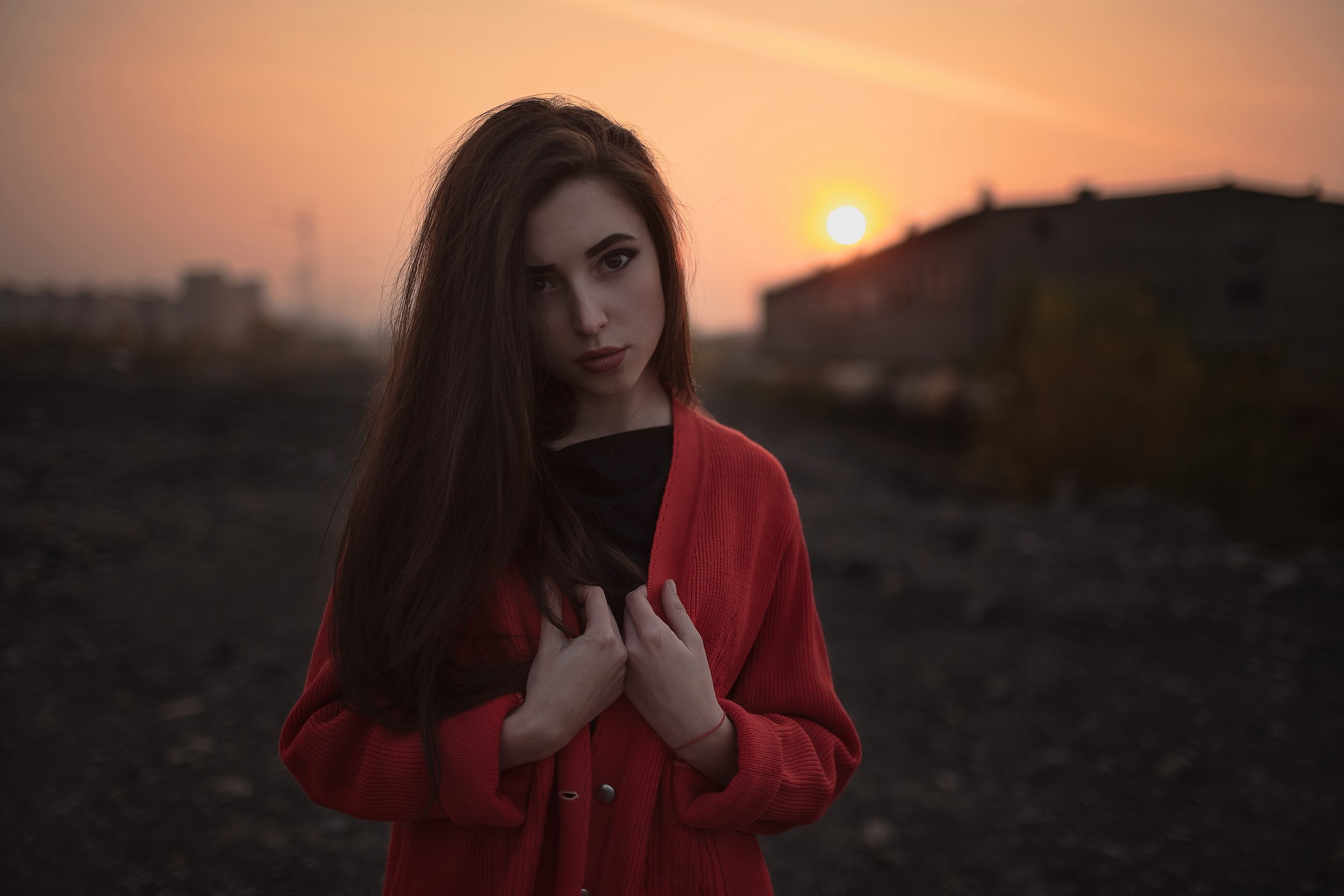 Woman in red sweater at sunset HD Wallpaper