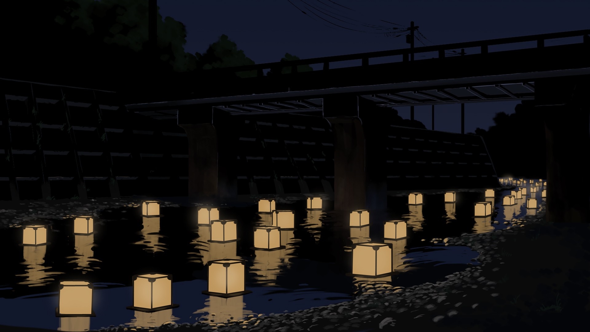Lanterns floating on a river at night under a bridge HD Wallpaper