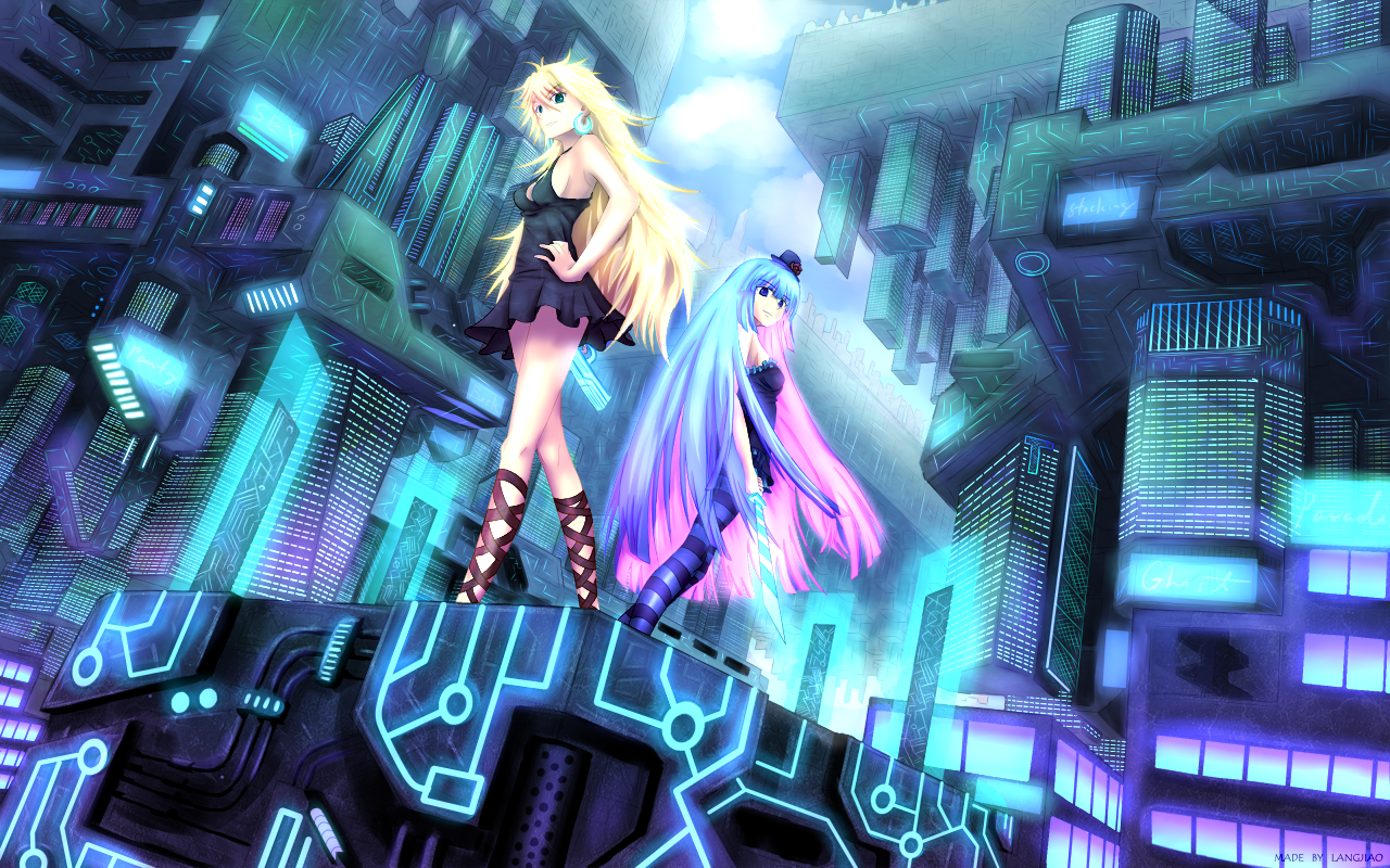 Panty and Stocking from Panty and Stocking with Garterbelt in a futuristic city HD Wallpaper
