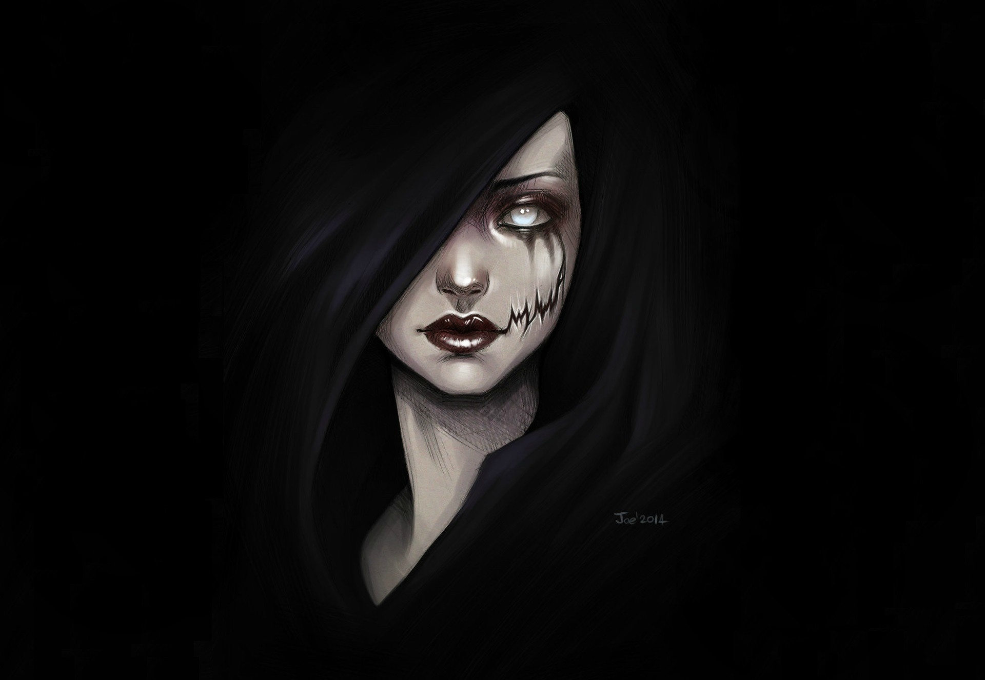 Artwork of a woman with a dark hood and white eyes HD Wallpaper