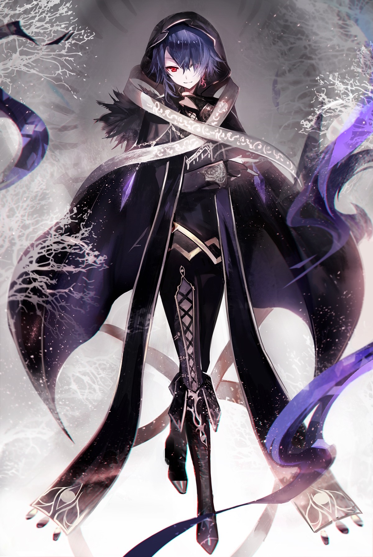 Anime character with blue hair and red eyes in a black cloak HD Wallpaper