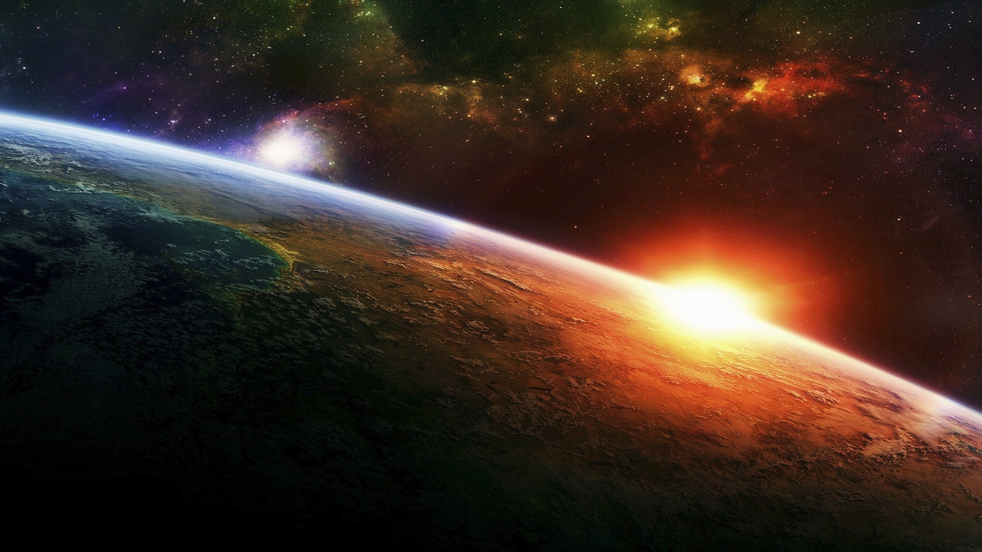 Sunrise over planet Earth from space with stars and nebula HD Wallpaper
