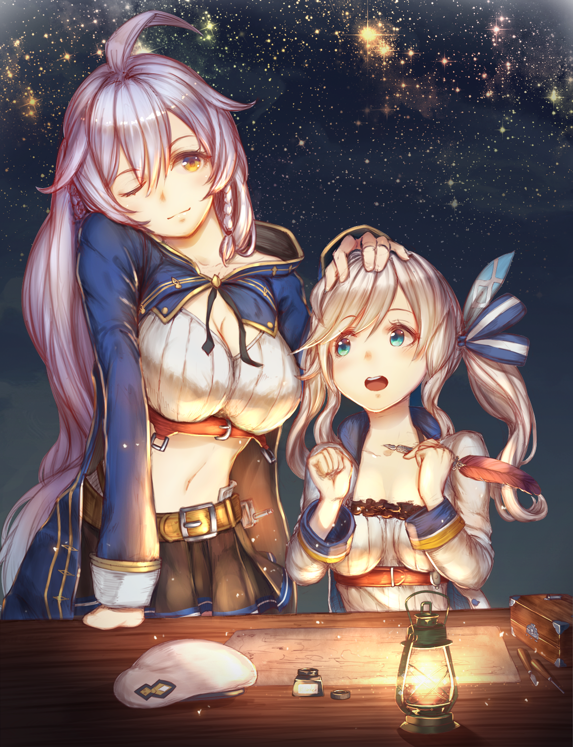 Two anime girls under a starry sky HD Wallpaper