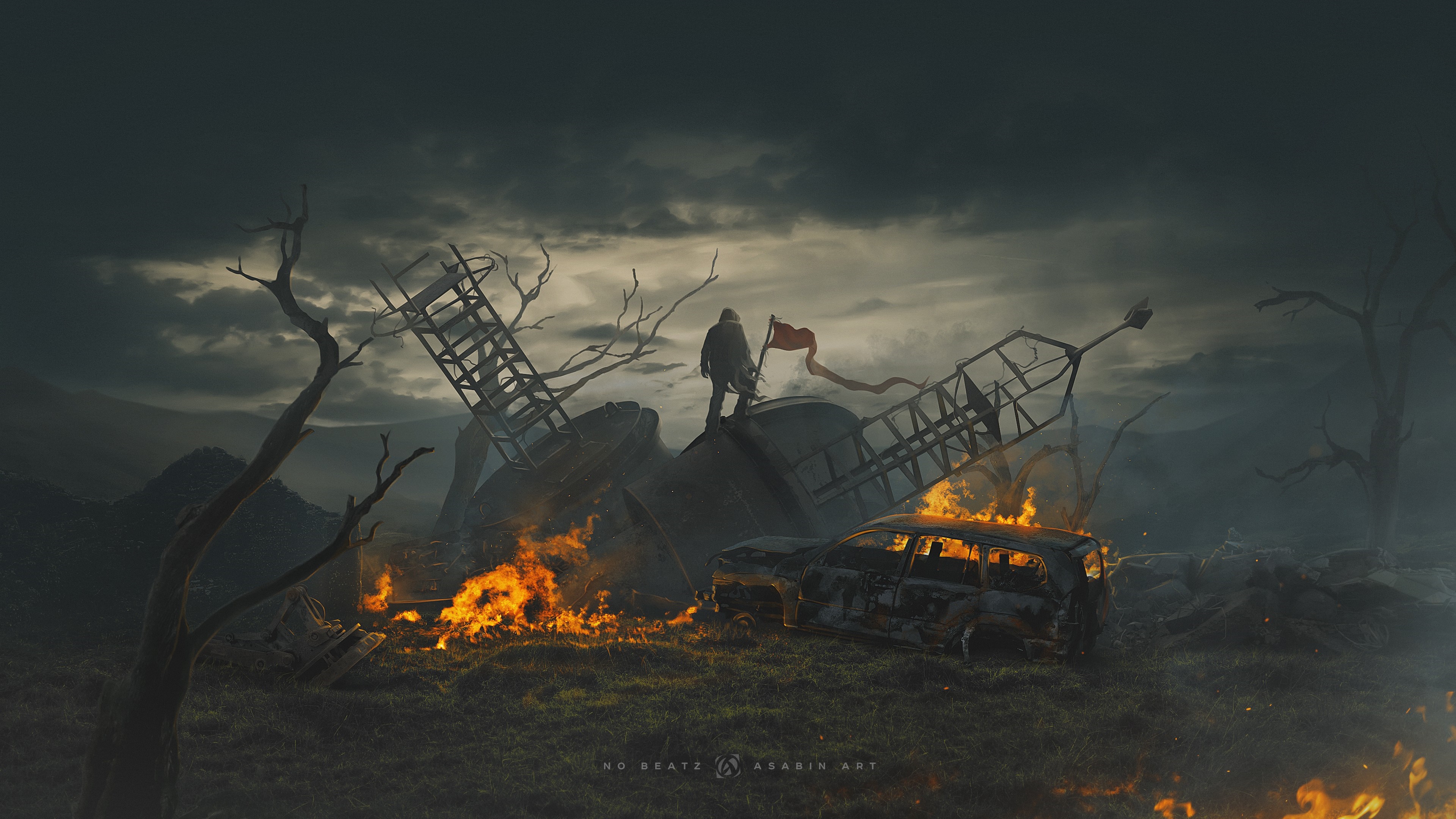 Post-apocalyptic scene with a lone figure and burning car HD Wallpaper