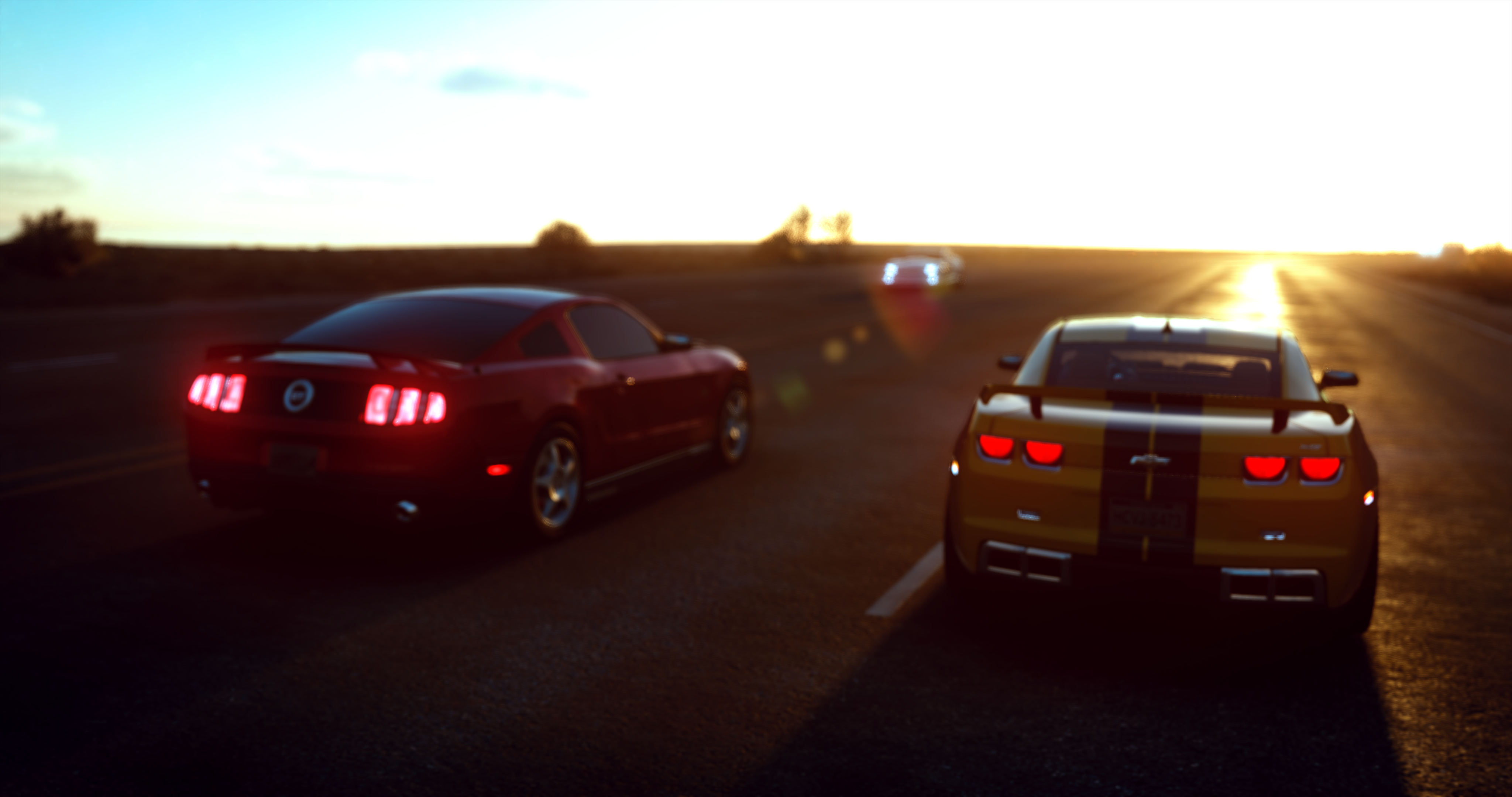 Ford Mustang and Chevrolet Camaro on a road at sunset HD Wallpaper