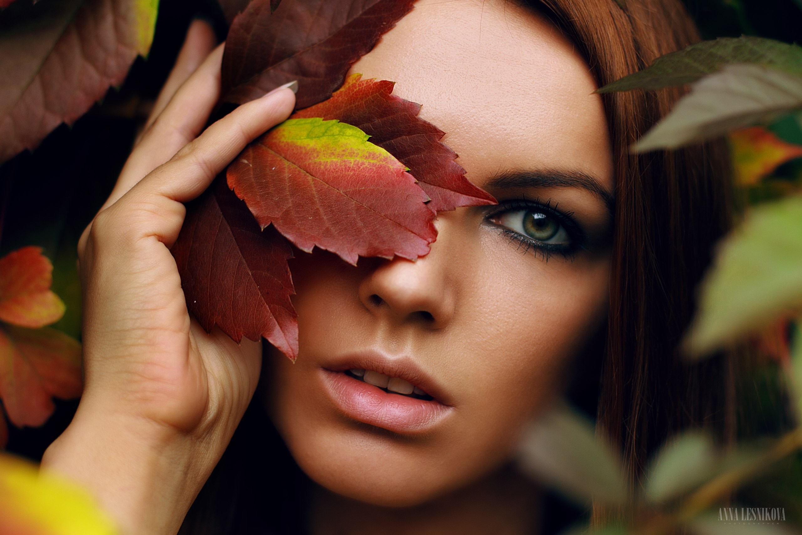 Woman with autumn leaves covering her eye HD Wallpaper