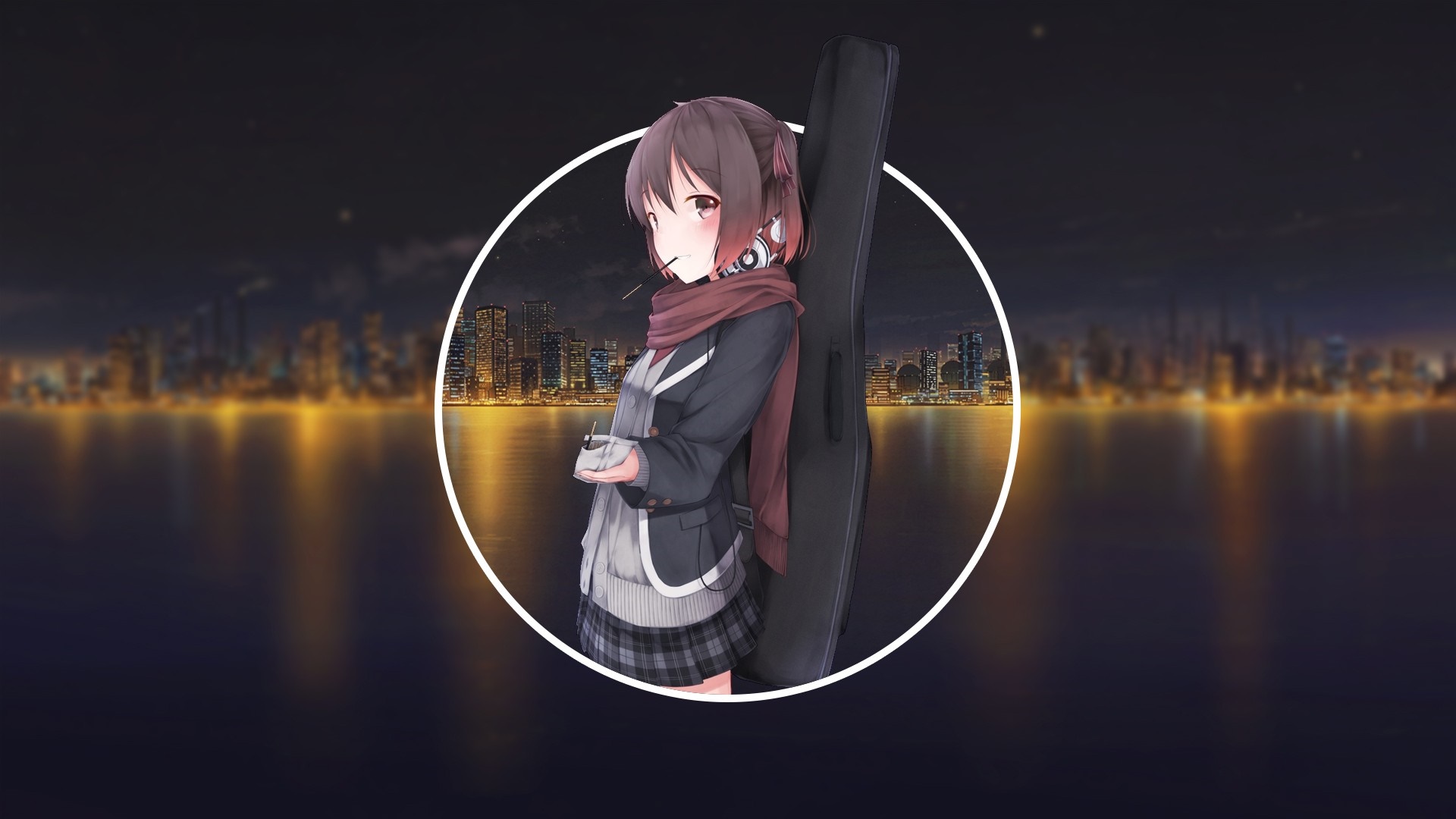 Anime girl with guitar case in city at night HD Wallpaper