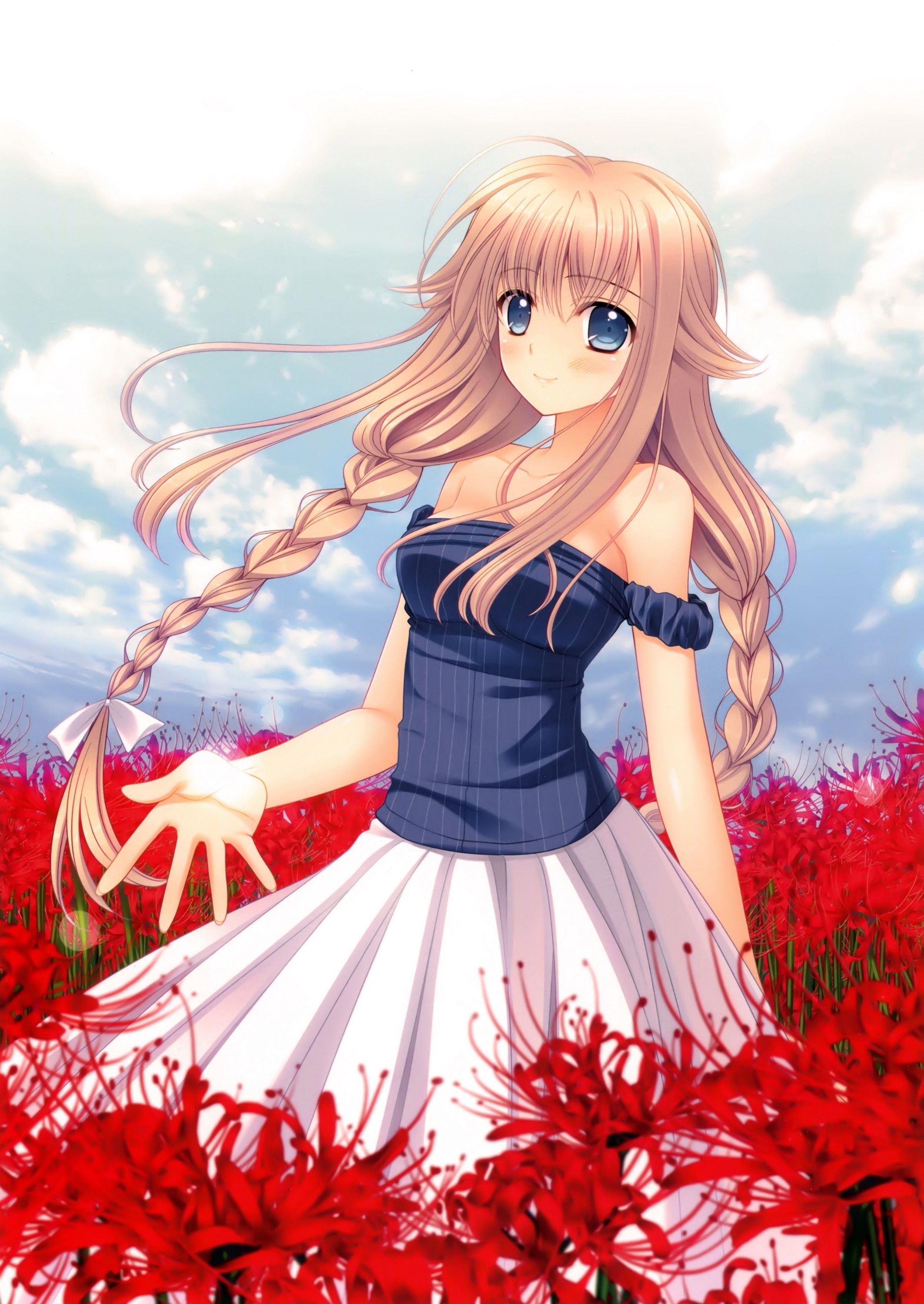 Anime girl with blonde hair in a field of red flowers HD Wallpaper