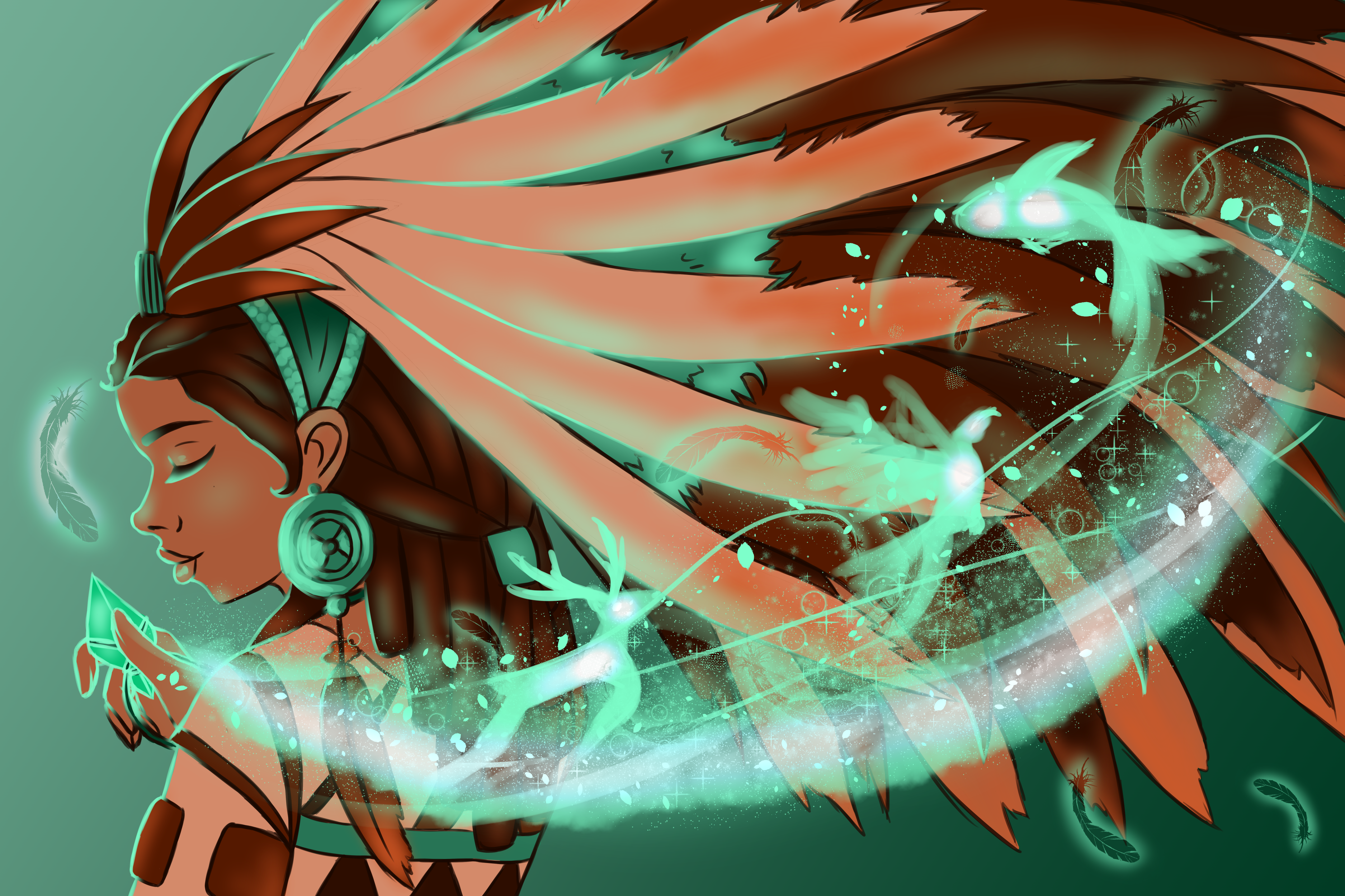 Woman with large feathered headdress and glowing spirits HD Wallpaper