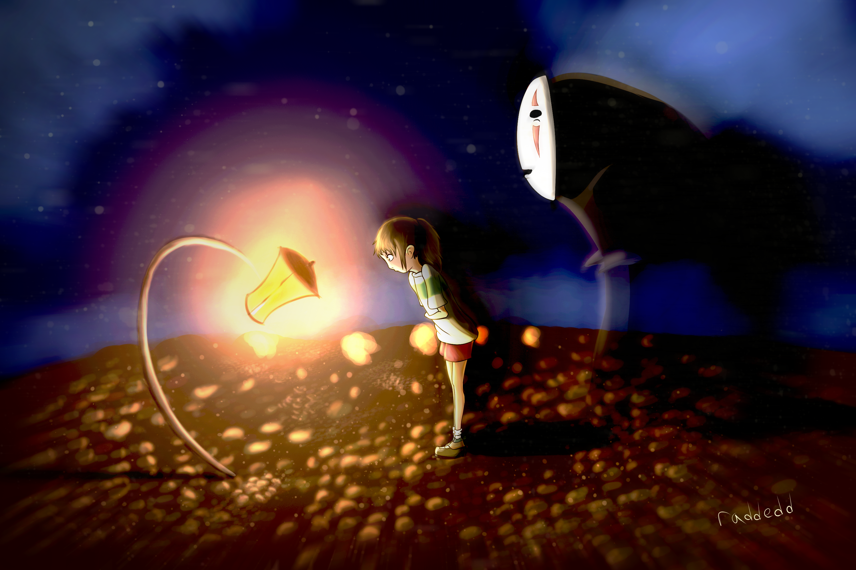 Chihiro and No-Face from Spirited Away at night HD Wallpaper