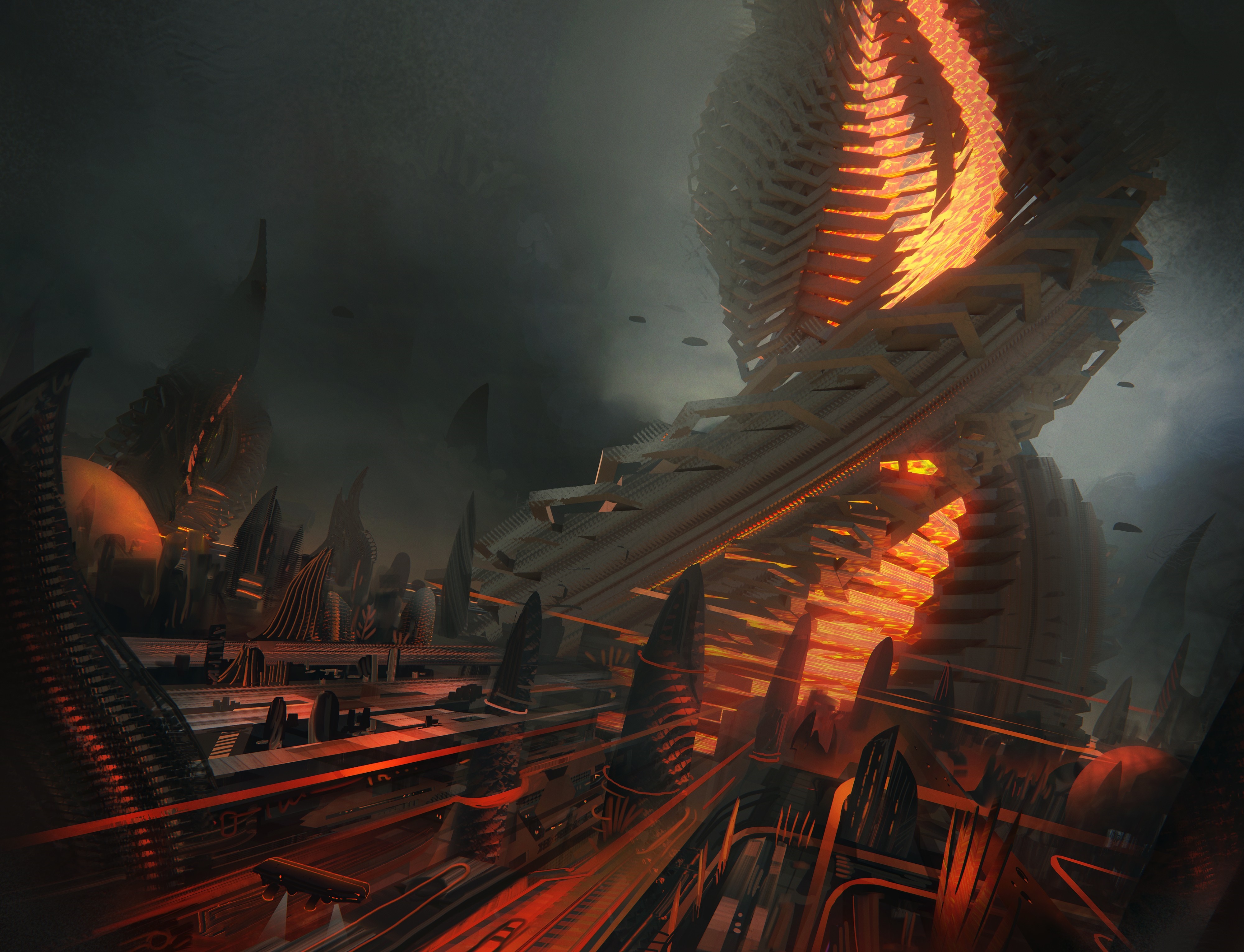 Science fiction cityscape with futuristic architecture and flying vehicles HD Wallpaper