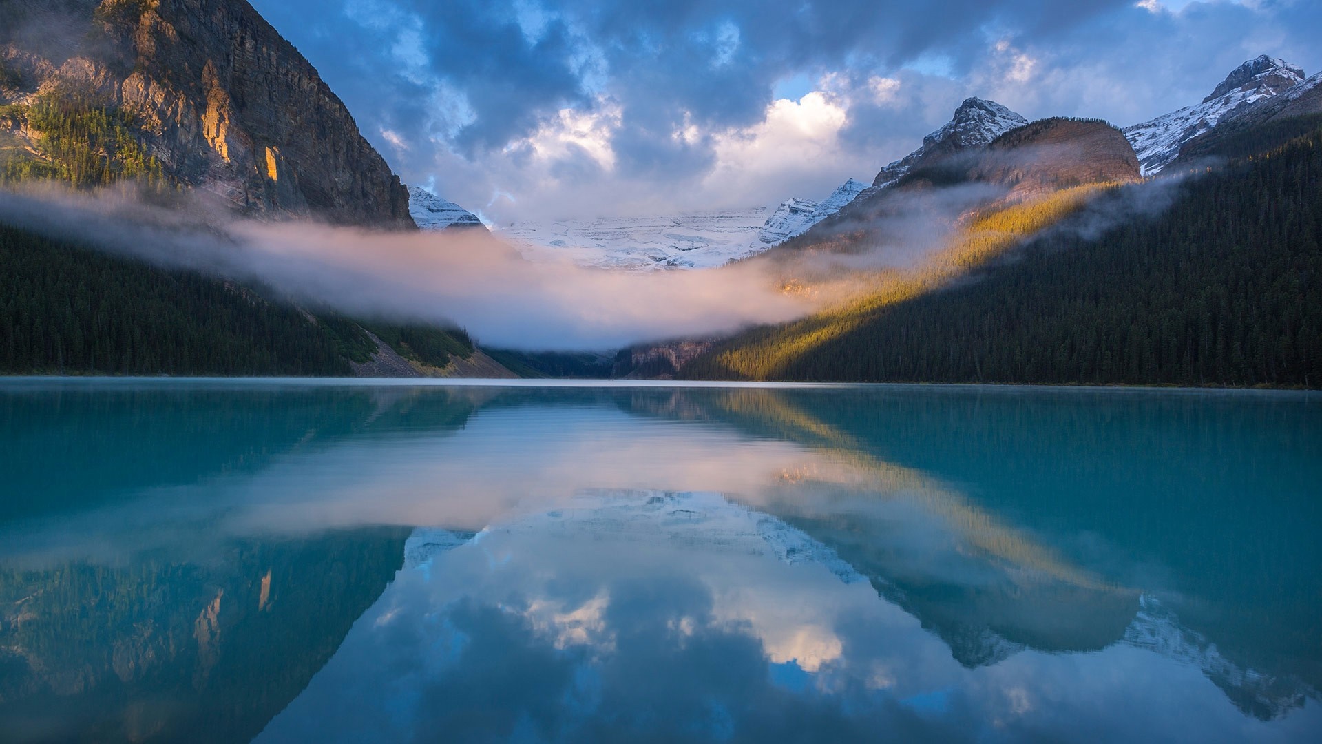 Lake Louise Mountains Mist Reflection Morning HD Wallpaper