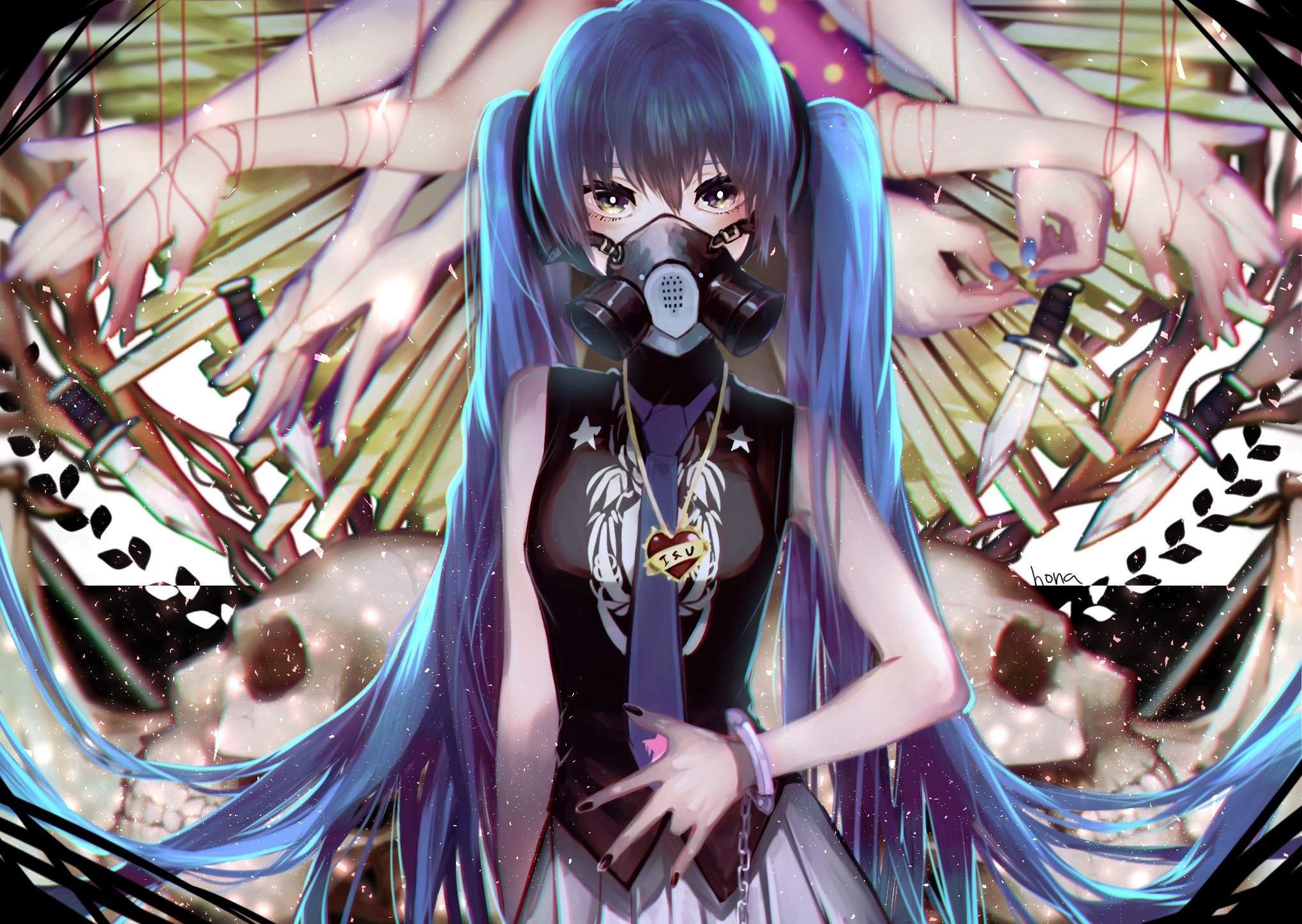 Hatsune Miku with gas mask and knives HD Wallpaper