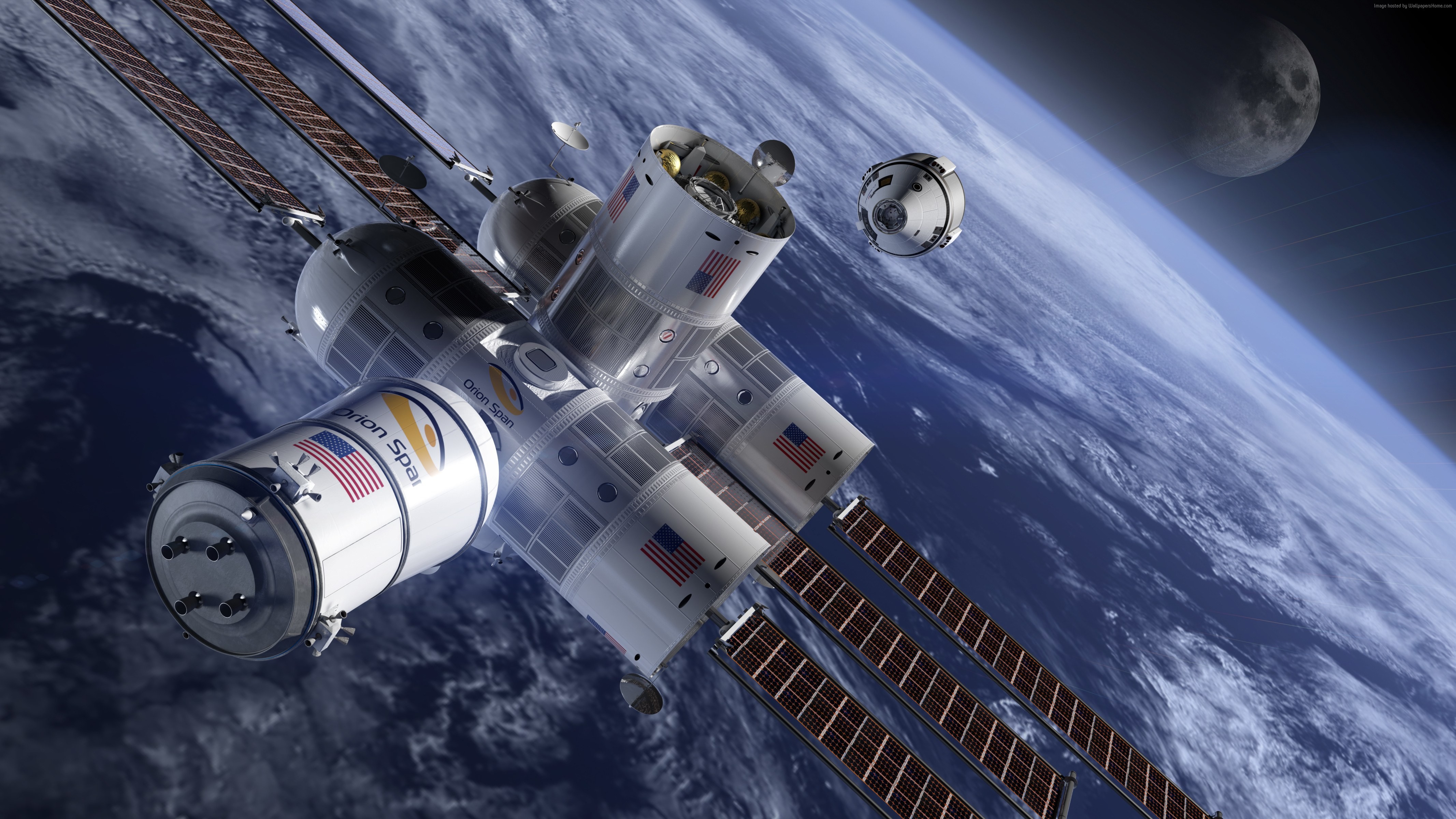 Aurora Space Station orbiting Earth with Moon in background HD Wallpaper
