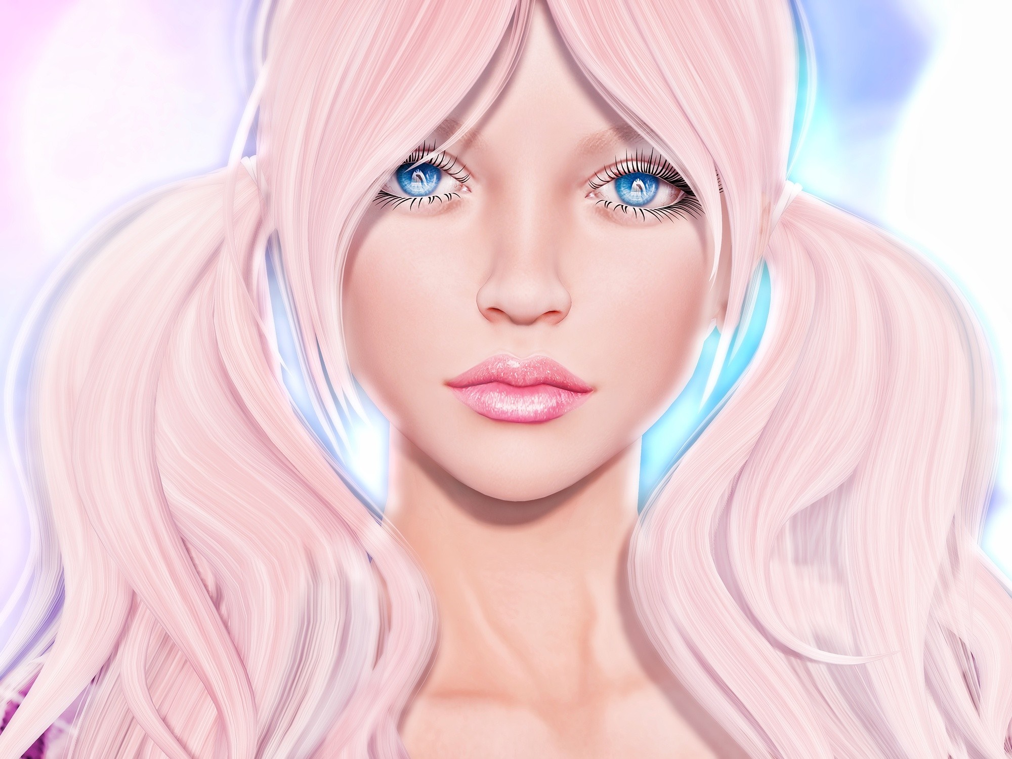 Illustration of a woman with pink hair and blue eyes HD Wallpaper