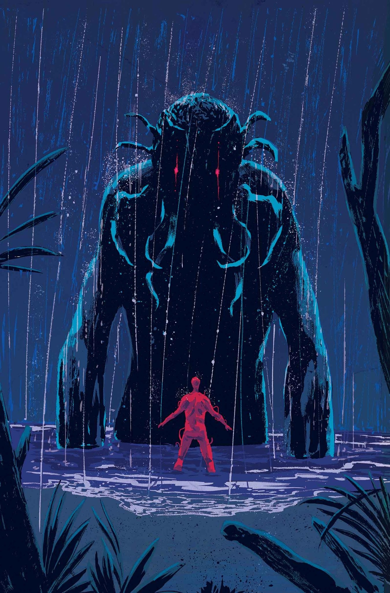 Cthulhu monster and a man in the rain HD Wallpaper