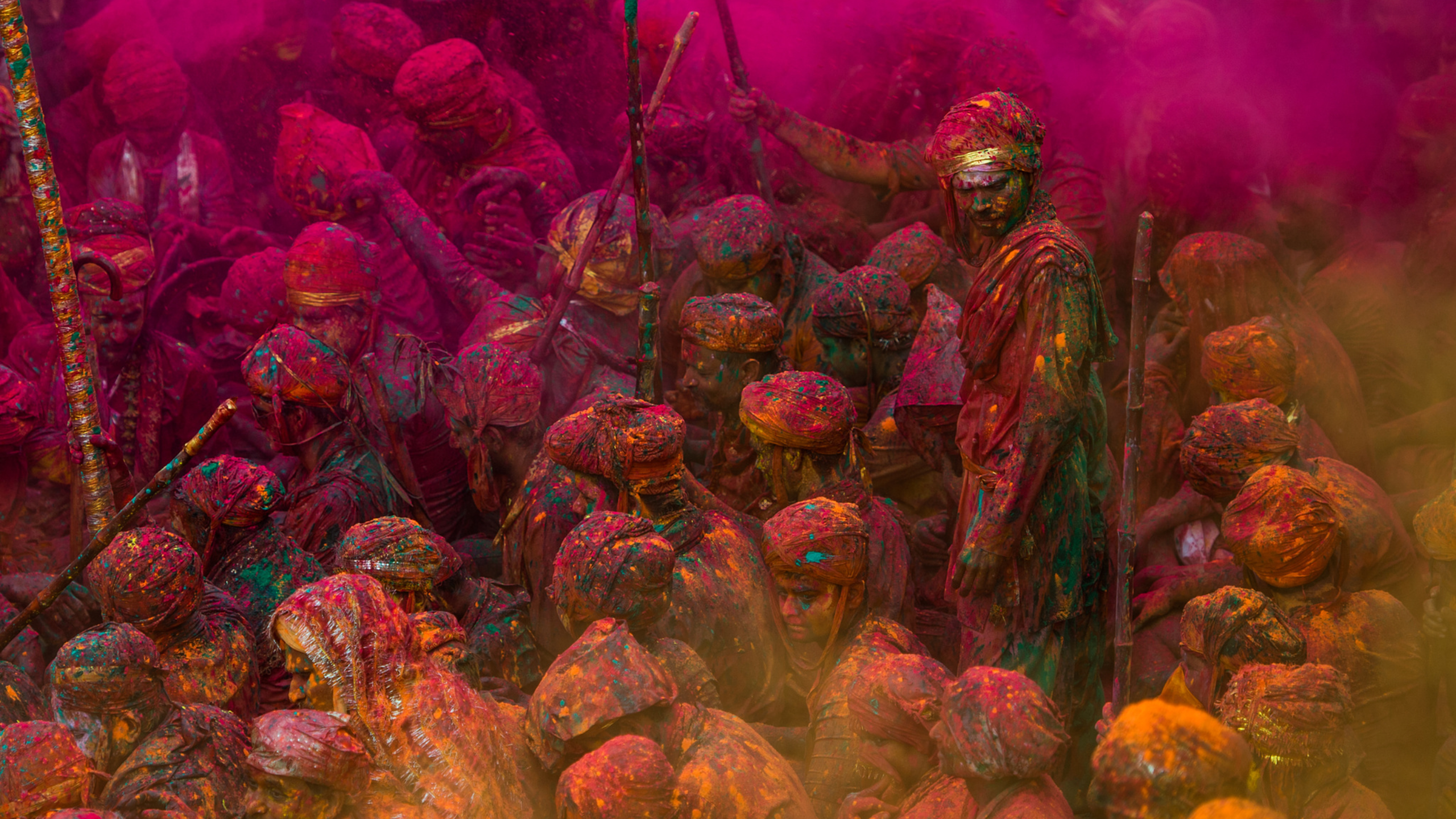 People covered in colorful powder during Holi festival HD Wallpaper
