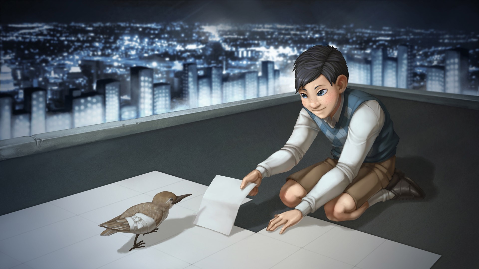 A Bird Story screenshot: boy and bird on rooftop HD Wallpaper
