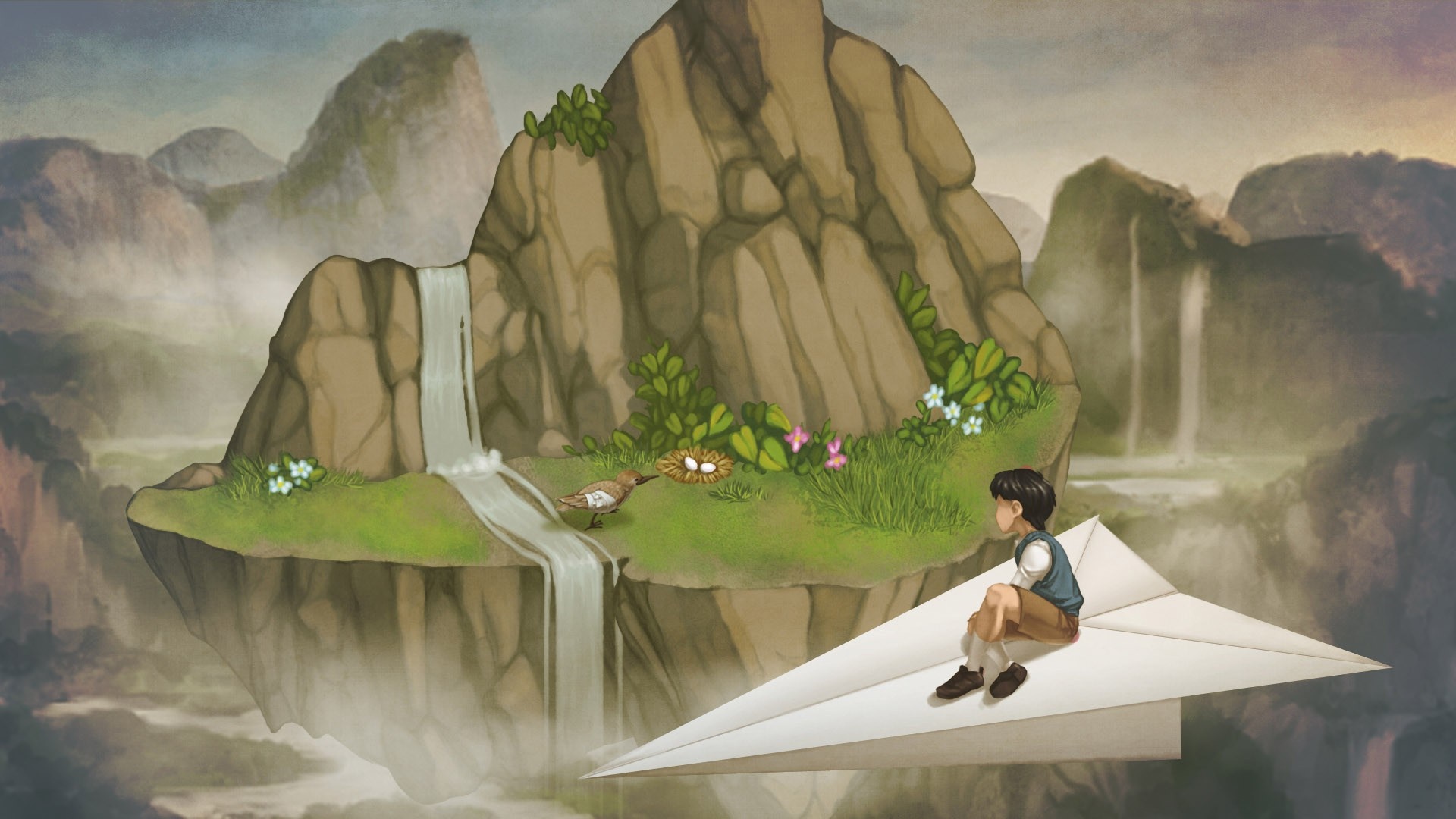 A boy on a paper airplane near a floating island with a waterfall and a bird's nest HD Wallpaper
