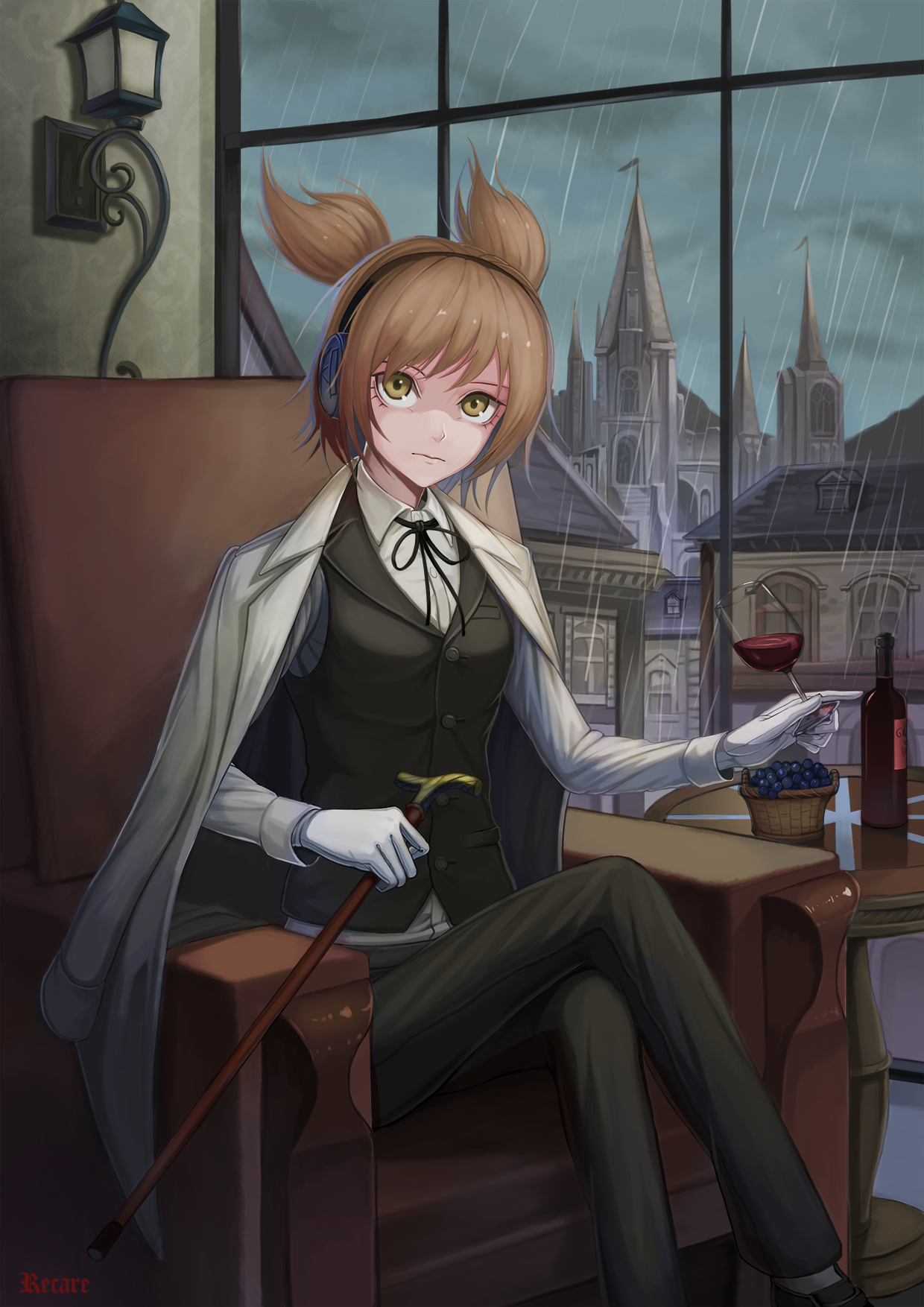 Anime girl in suit with cane and wine HD Wallpaper