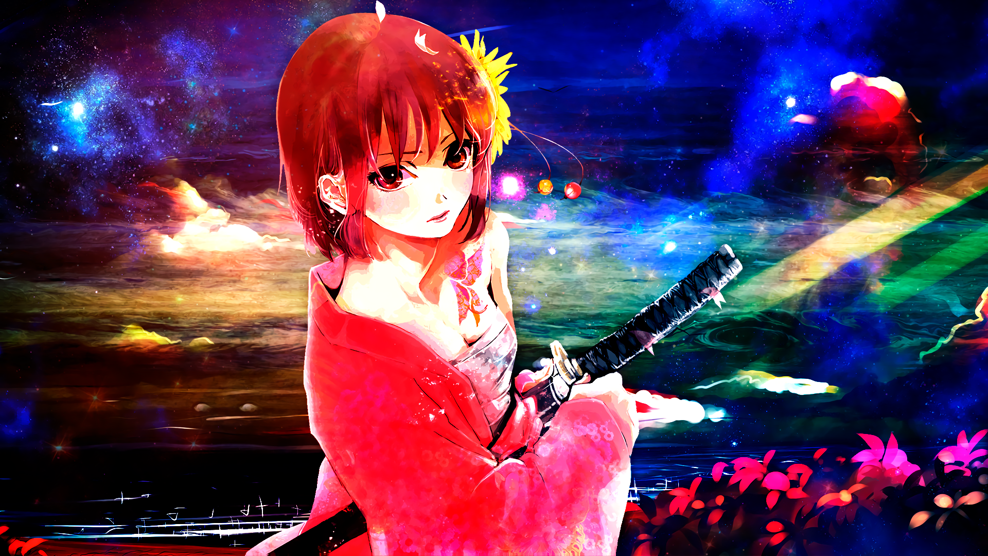 Anime girl with katana in a colorful galaxy HD Wallpaper