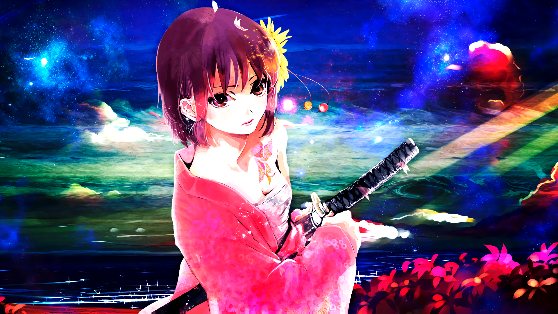Anime girl with katana in a colorful, starry landscape HD Wallpaper