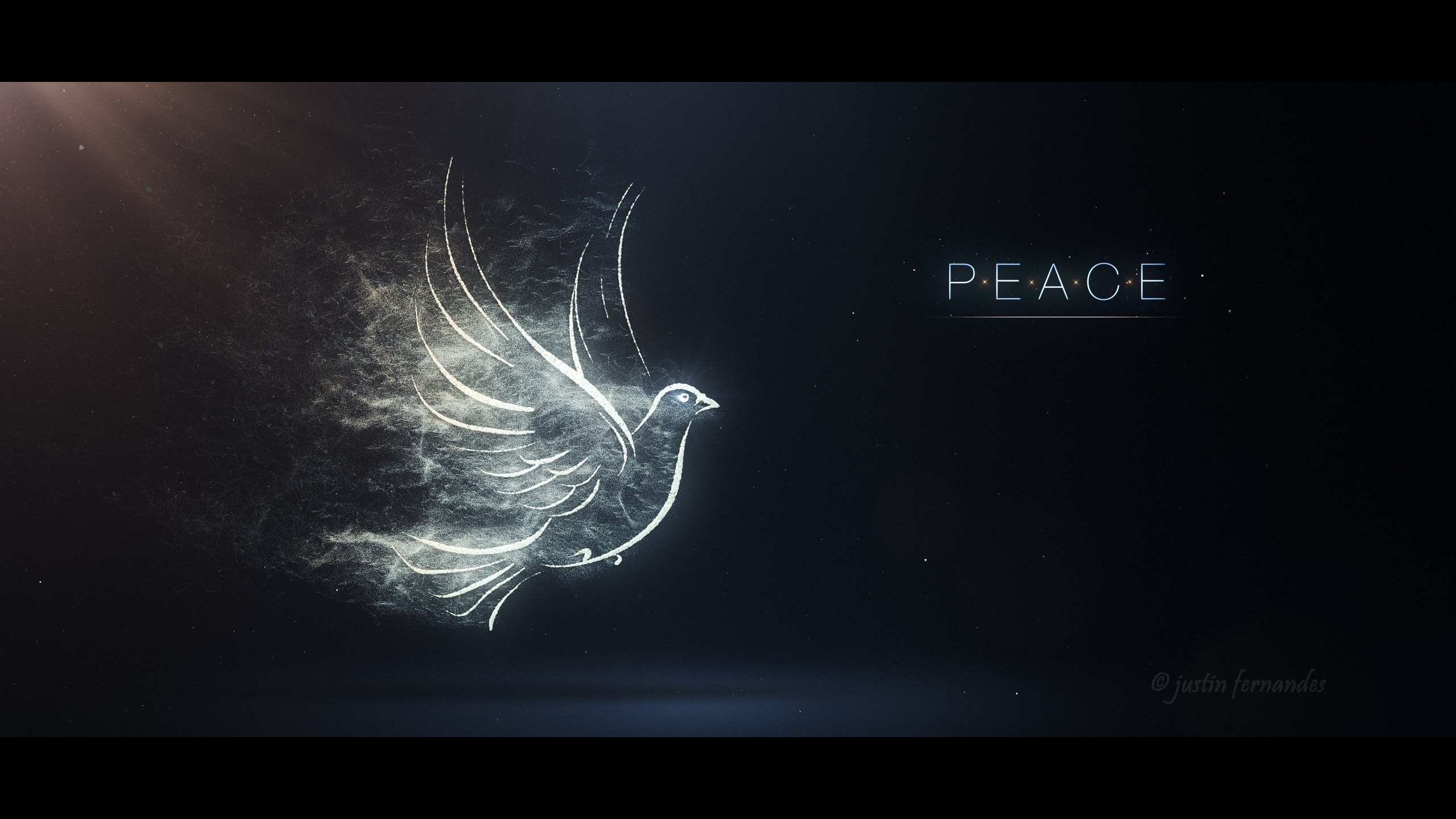 Digital art of a dove dissolving into particles with the word PEACE HD Wallpaper