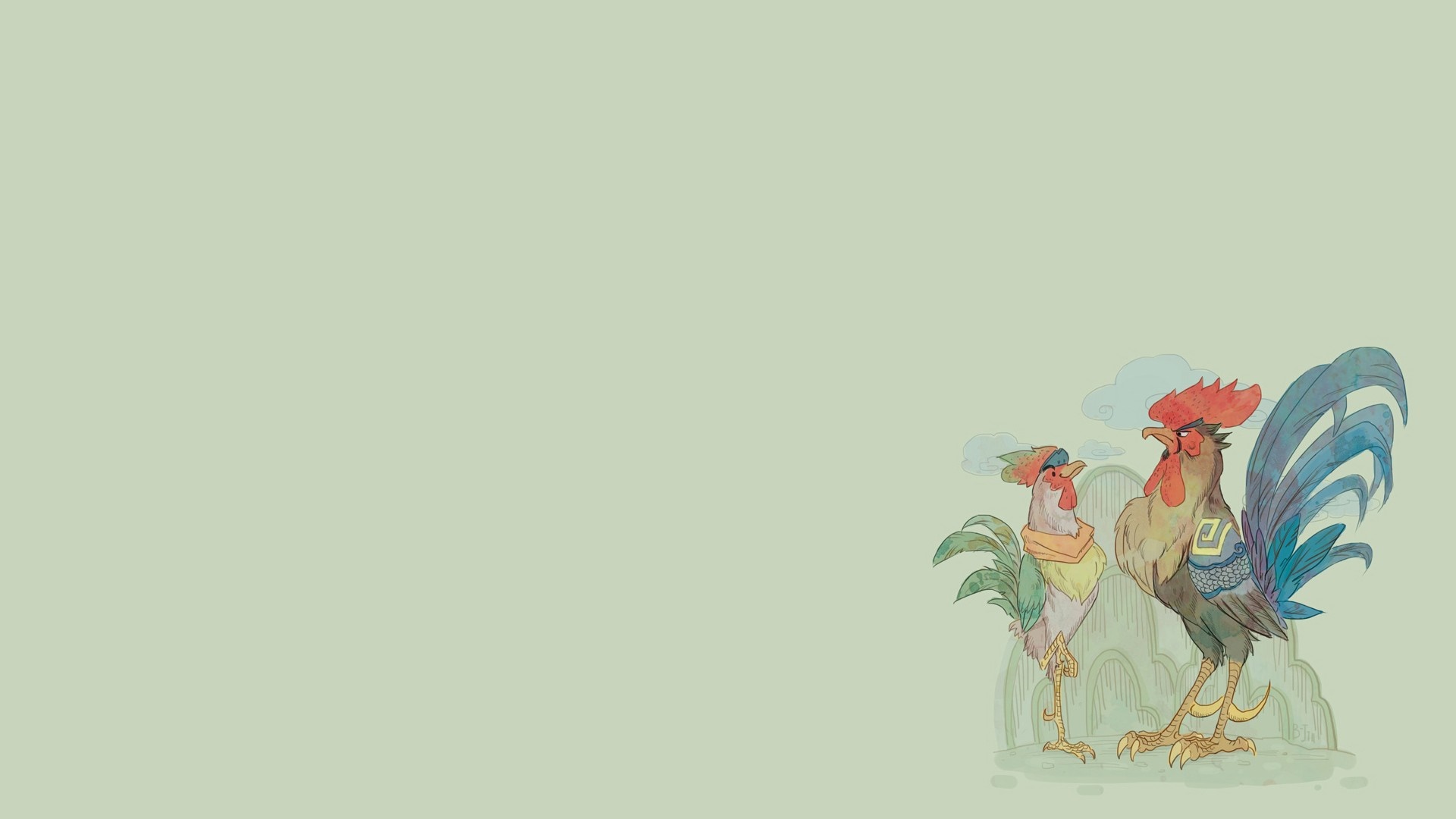 Two roosters in a stylized illustration HD Wallpaper