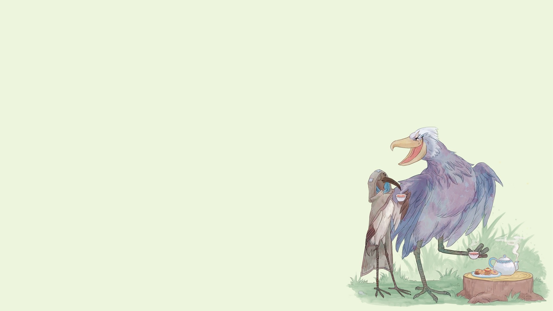 Two birds having tea on a tree stump HD Wallpaper