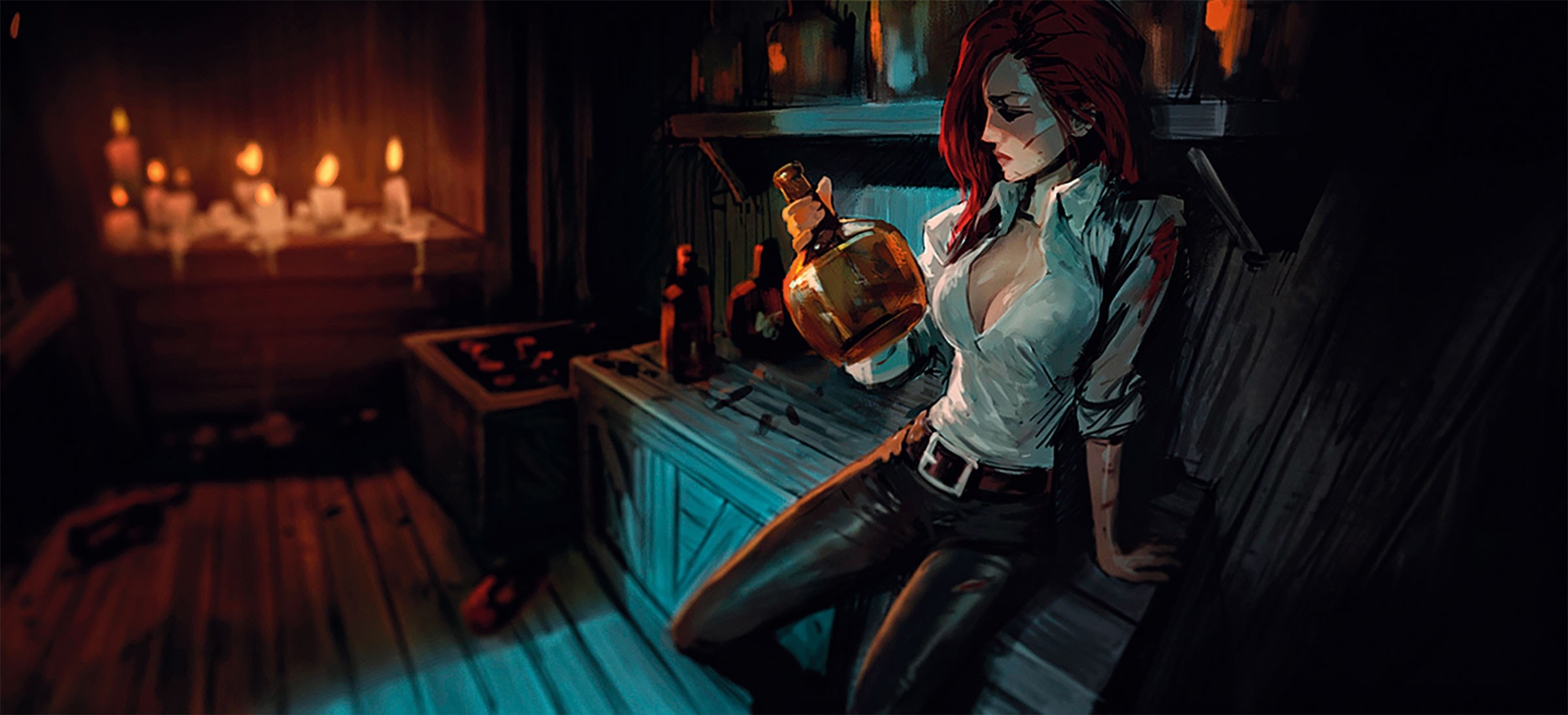 Redhead woman holding a bottle in a dimly lit room HD Wallpaper