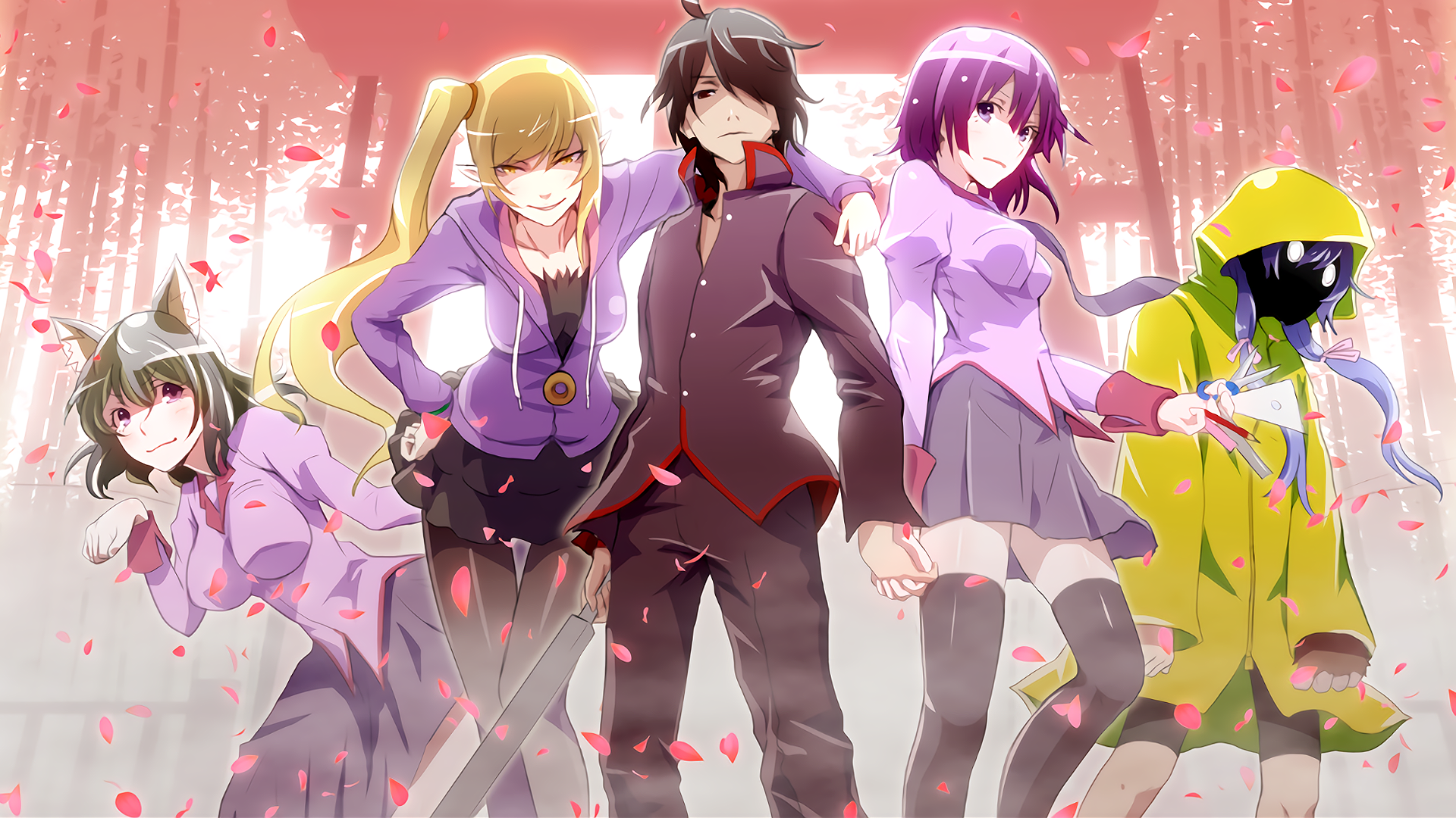 Monogatari Series characters: Araragi Koyomi, Senjougahara Hitagi, Hanekawa Tsubasa, Oshino Shinobu, Kanbaru Suruga HD Wallpaper