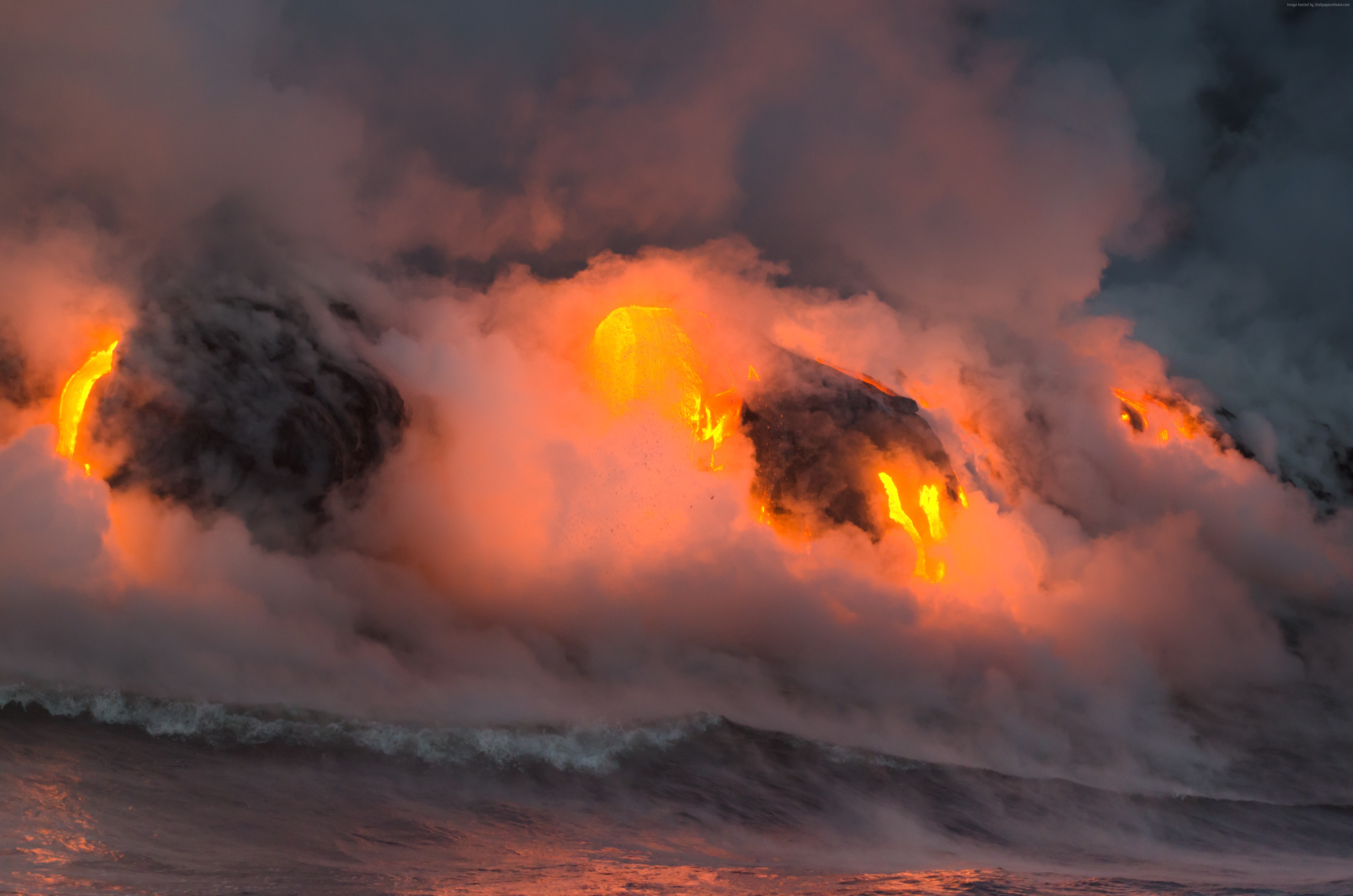 Lava eruption into the ocean in Hawaii HD Wallpaper