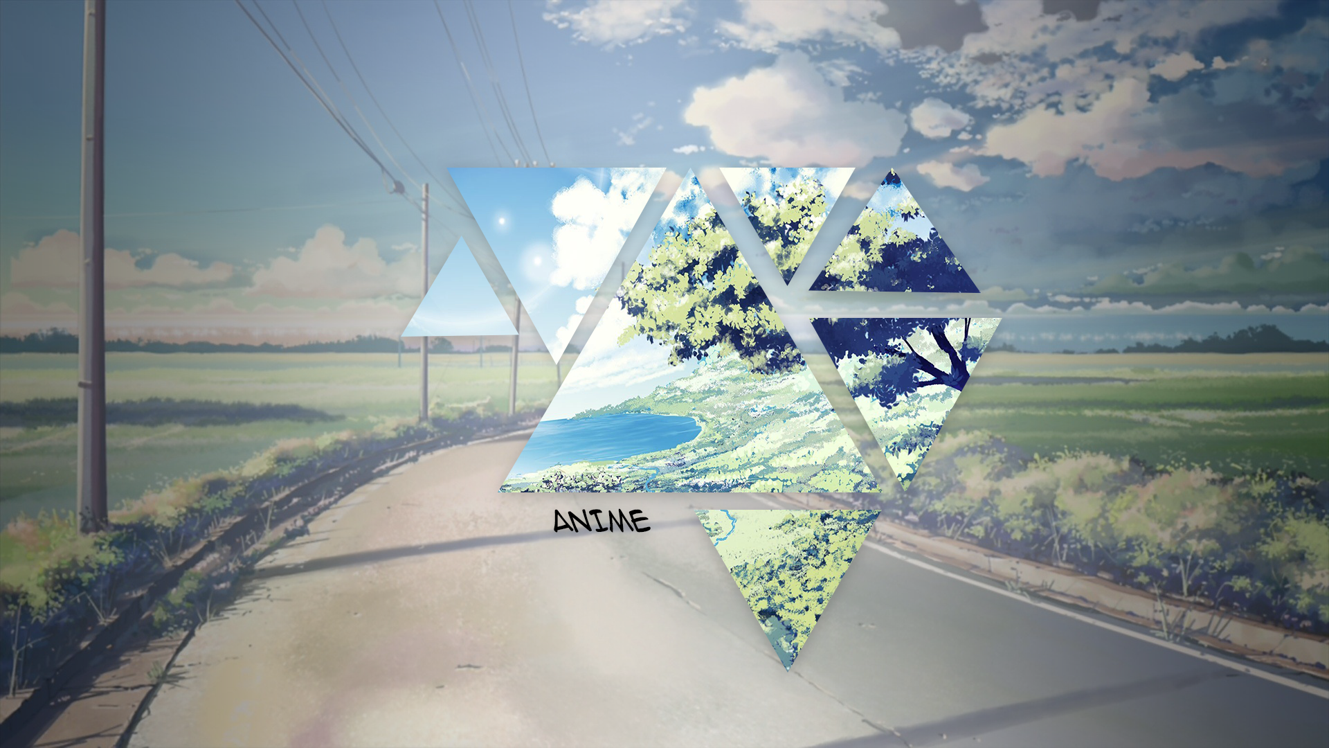 Anime landscape with geometric overlay HD Wallpaper