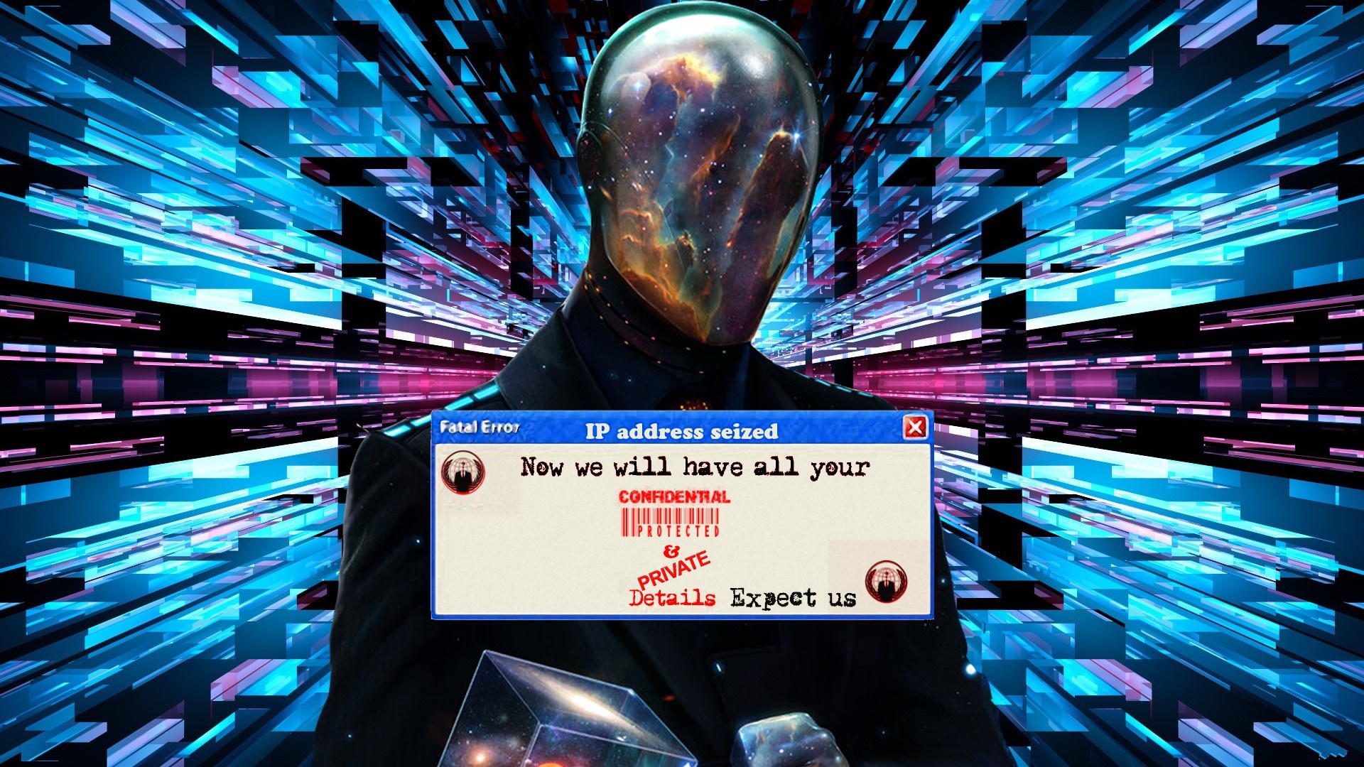 Man with galaxy head and error message HD Wallpaper