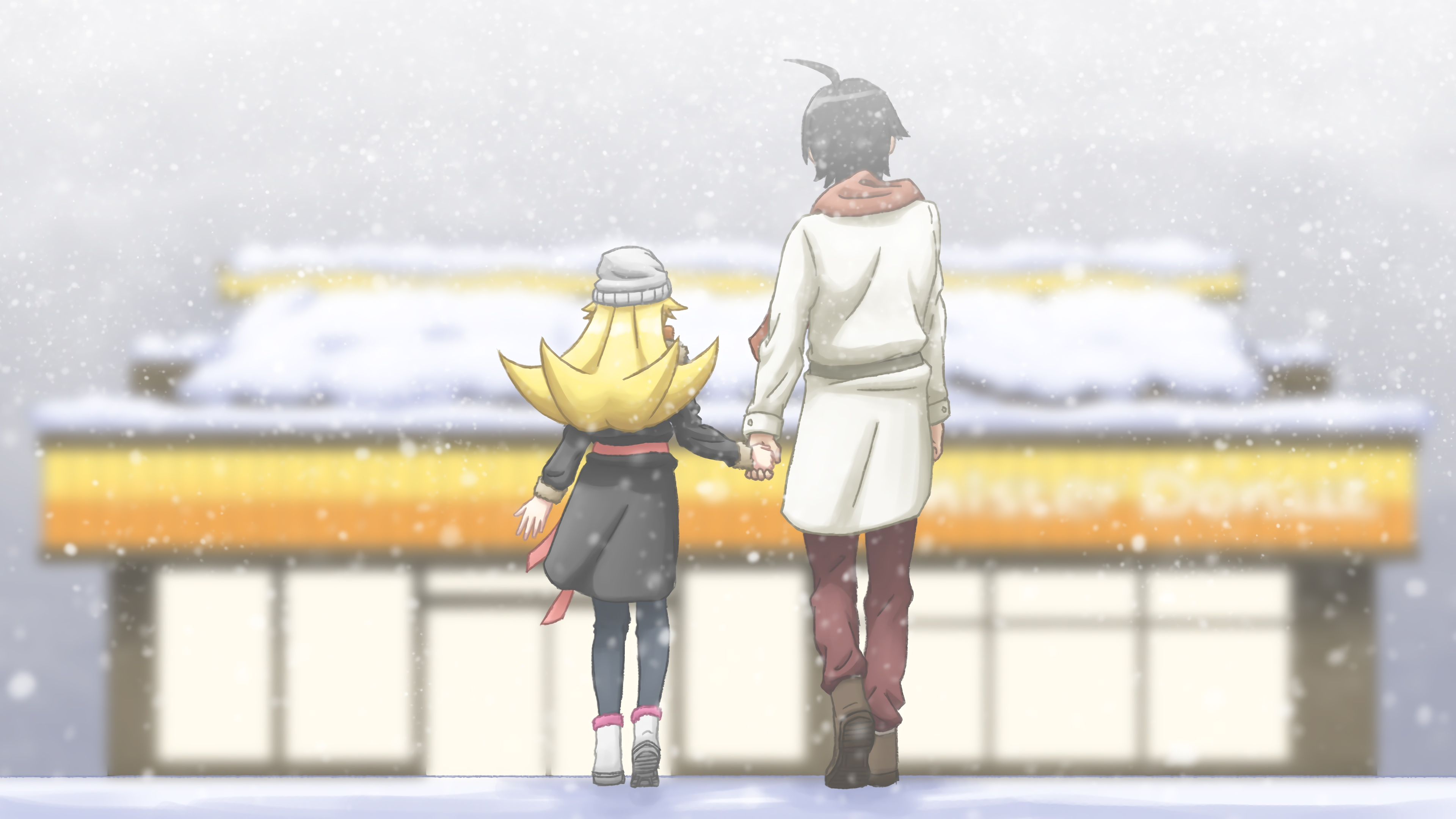 Oshino Shinobu and Araragi Koyomi in snow HD Wallpaper