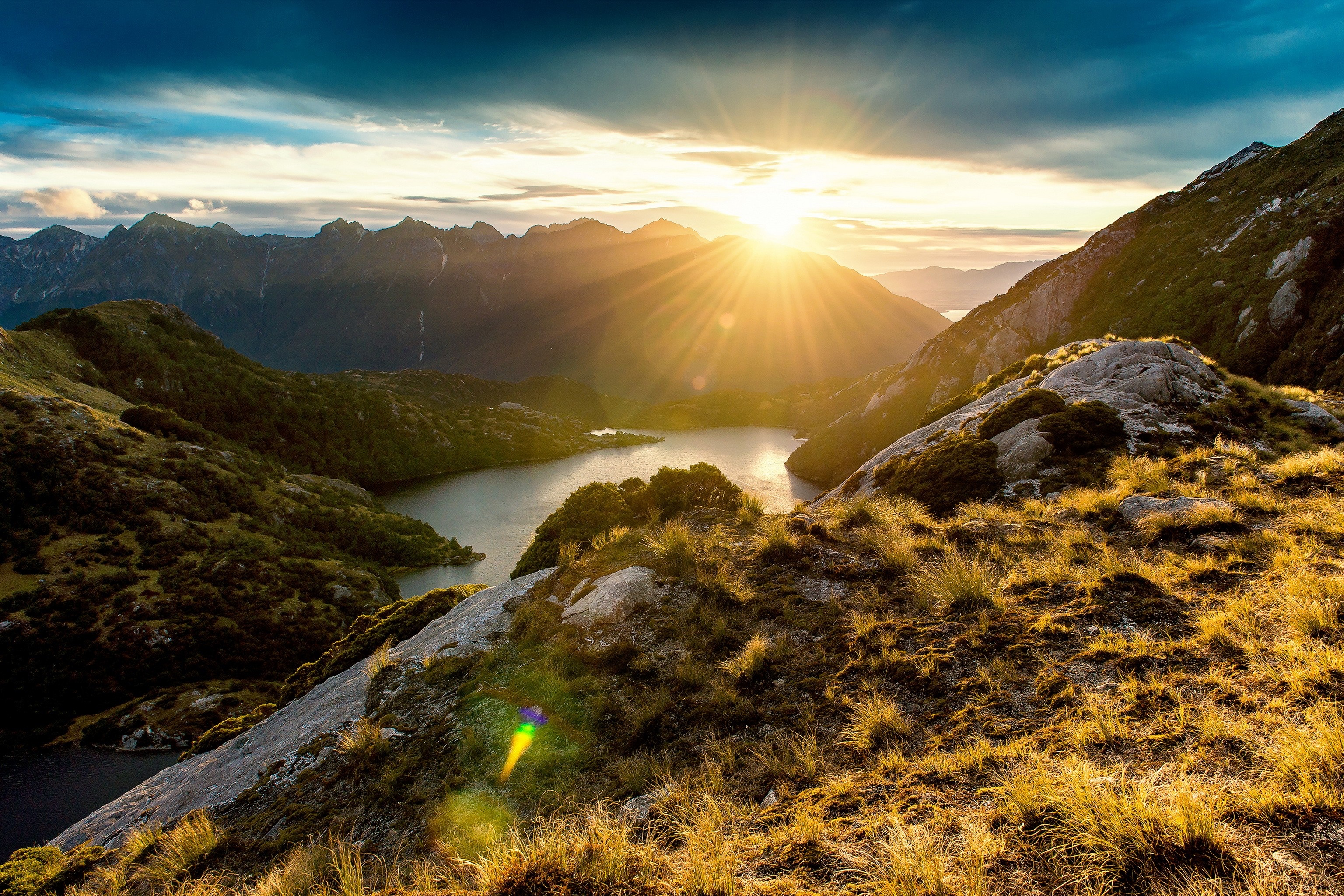 Sunrise over a mountain lake valley HD Wallpaper