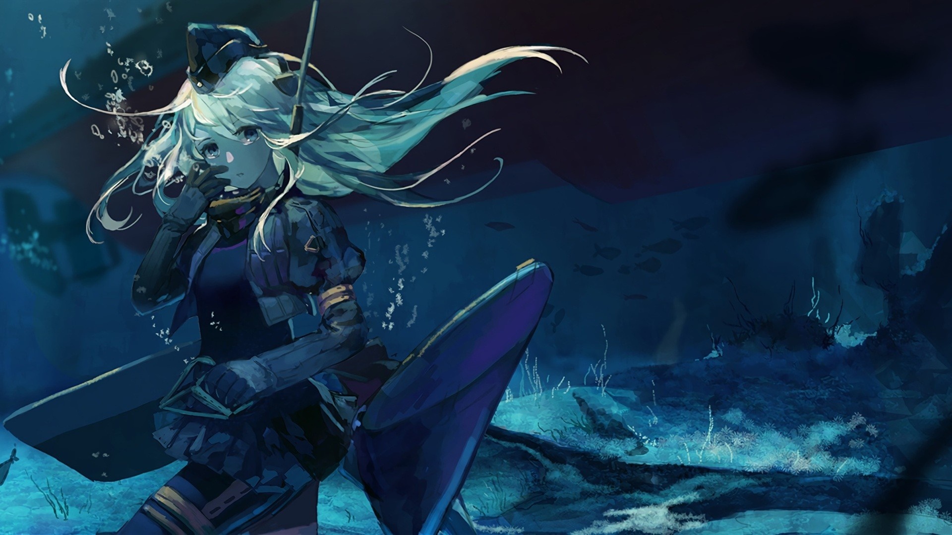 Anime girl underwater with tail HD Wallpaper