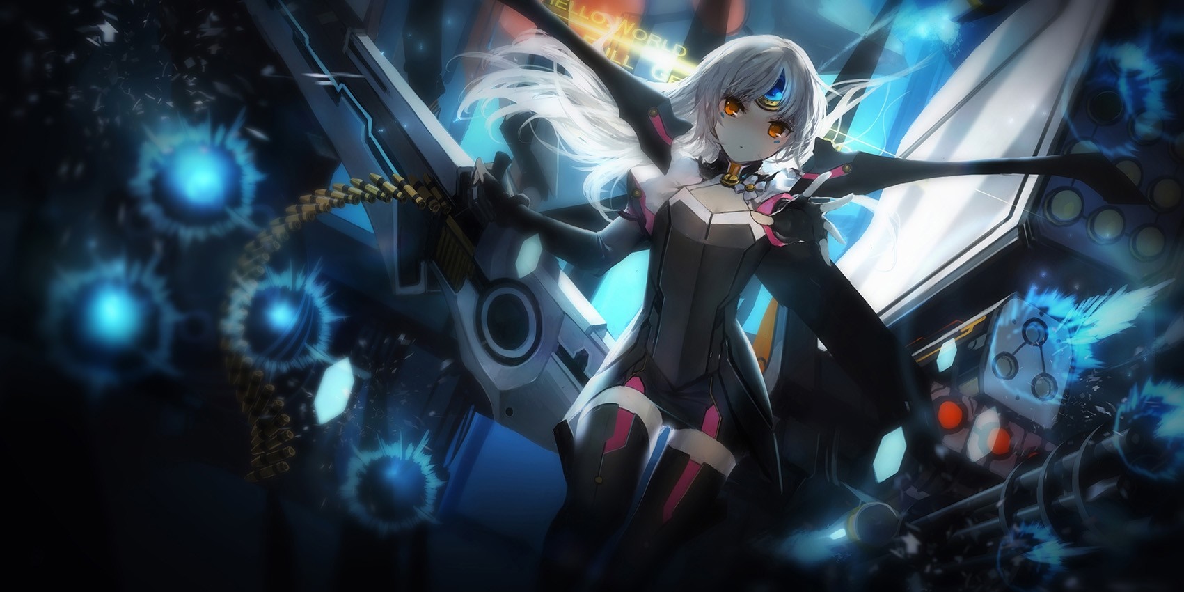 Anime girl with white hair and cybernetic enhancements HD Wallpaper