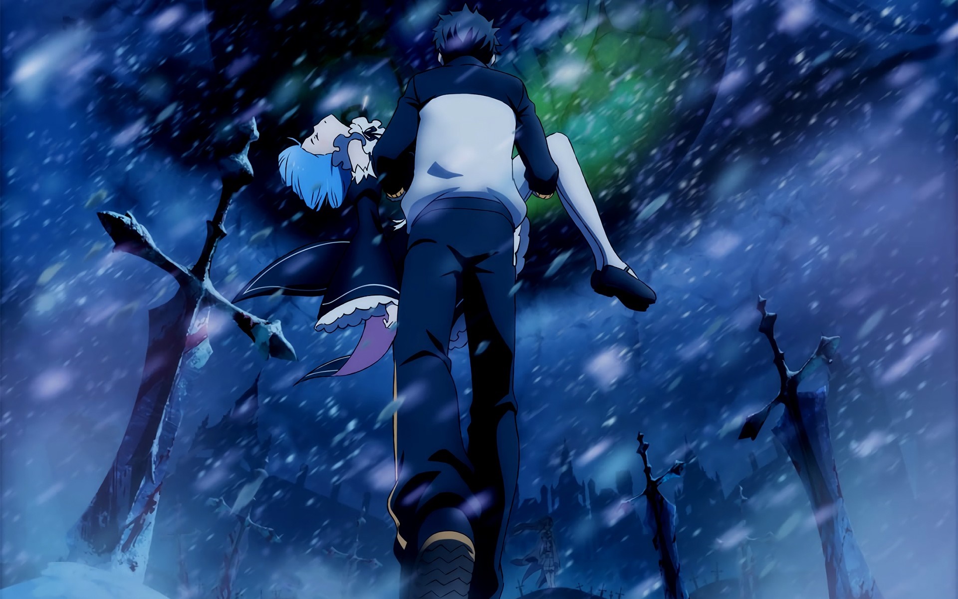Natsuki Subaru carrying Rem from Re: Zero HD Wallpaper