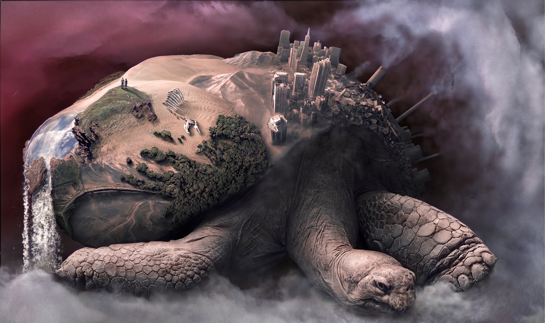 Giant turtle carrying a world with cities and deserts HD Wallpaper