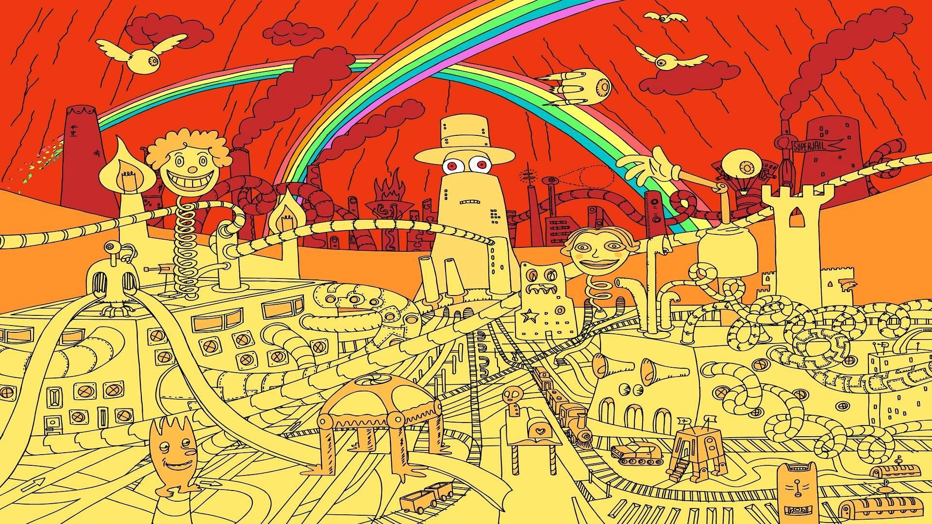 Superjail! Factory with Rainbow and Flying Eyes HD Wallpaper