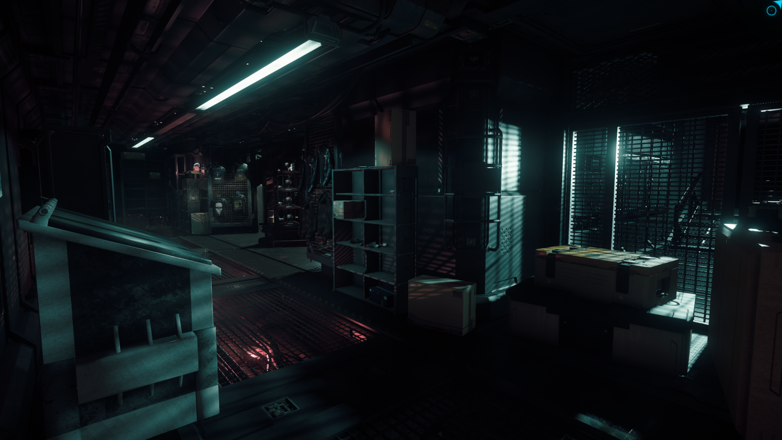 Interior of a dimly lit spaceship corridor in Star Citizen HD Wallpaper