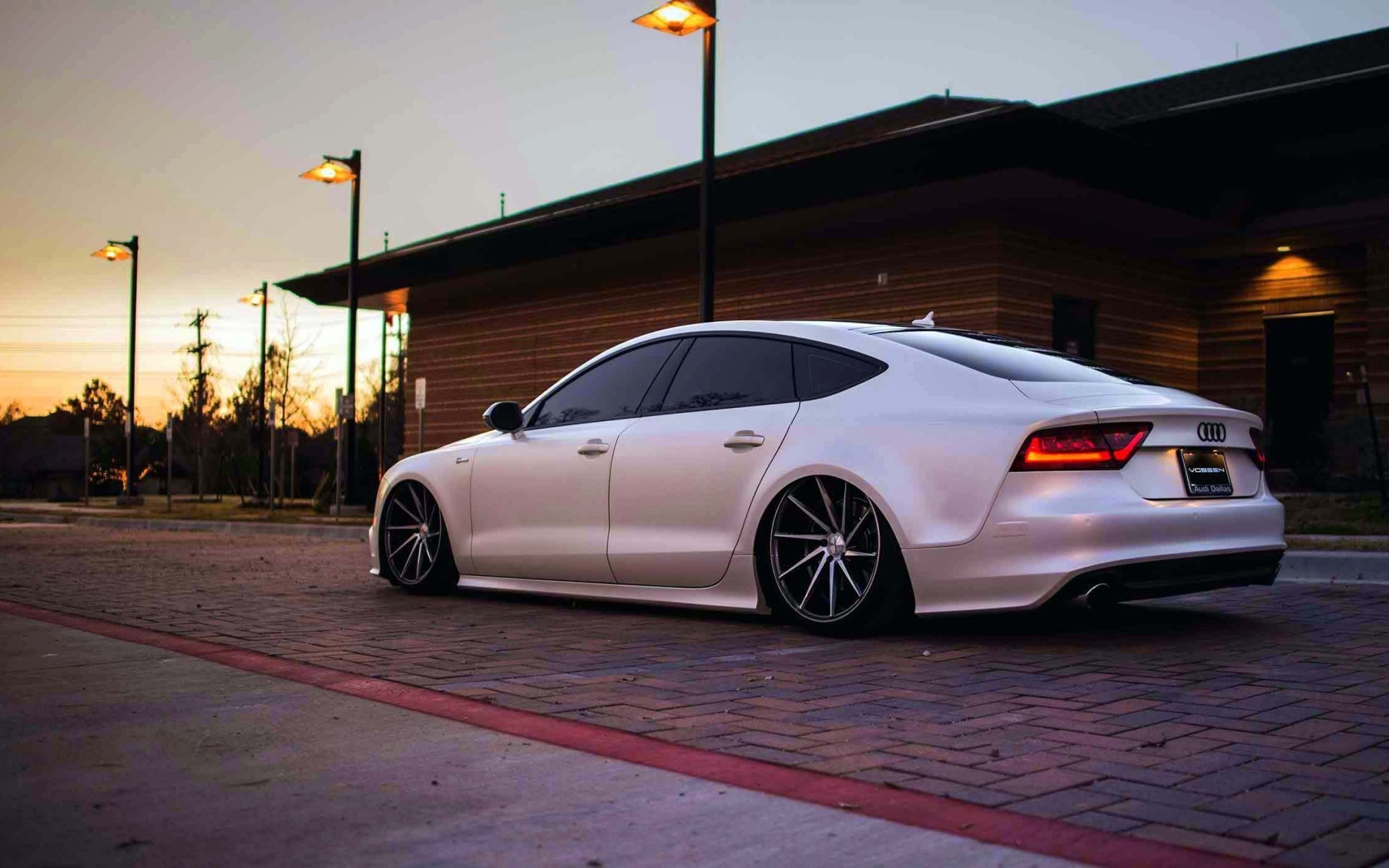 White Audi A7 Vossen wheels parked at sunset HD Wallpaper