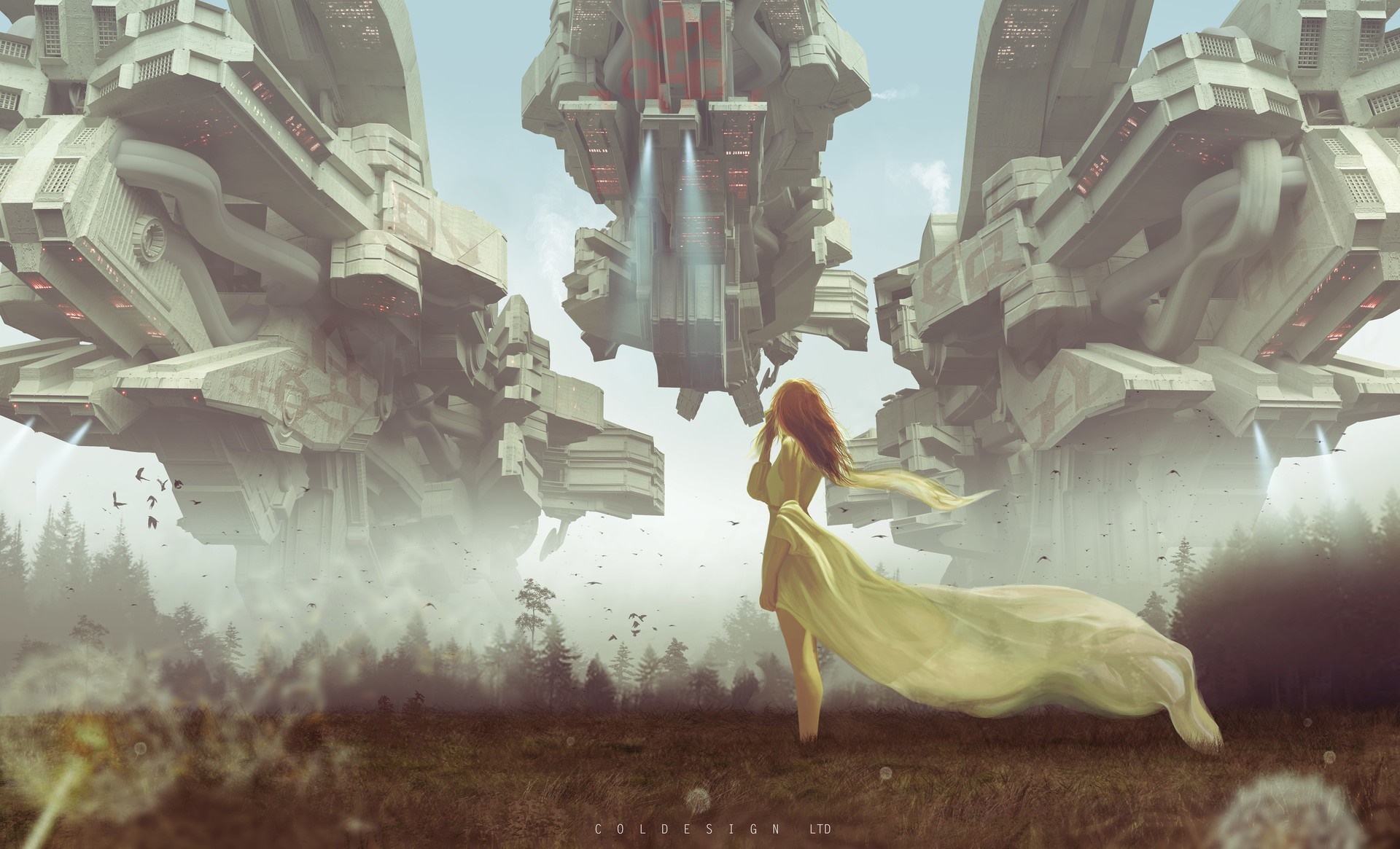 Woman in yellow dress looking at alien structures HD Wallpaper