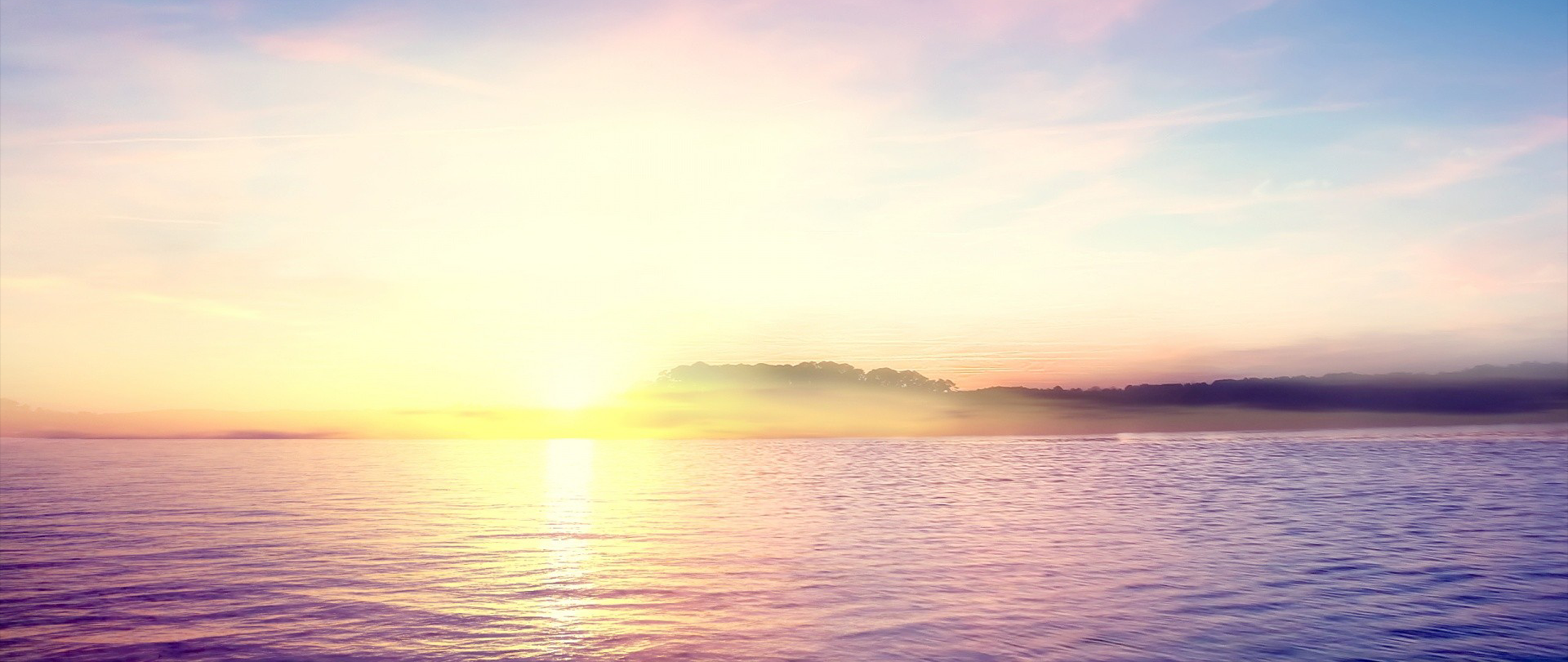 Sunrise over a misty lake with trees on the horizon HD Wallpaper