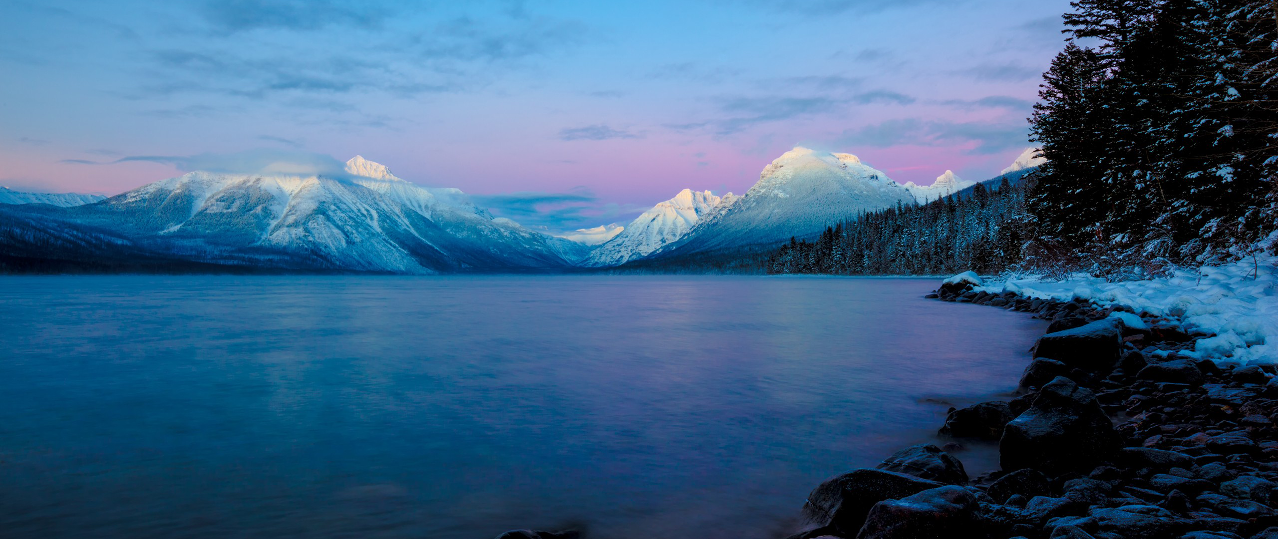 Snowy Mountains and Lake at Dawn HD Wallpaper