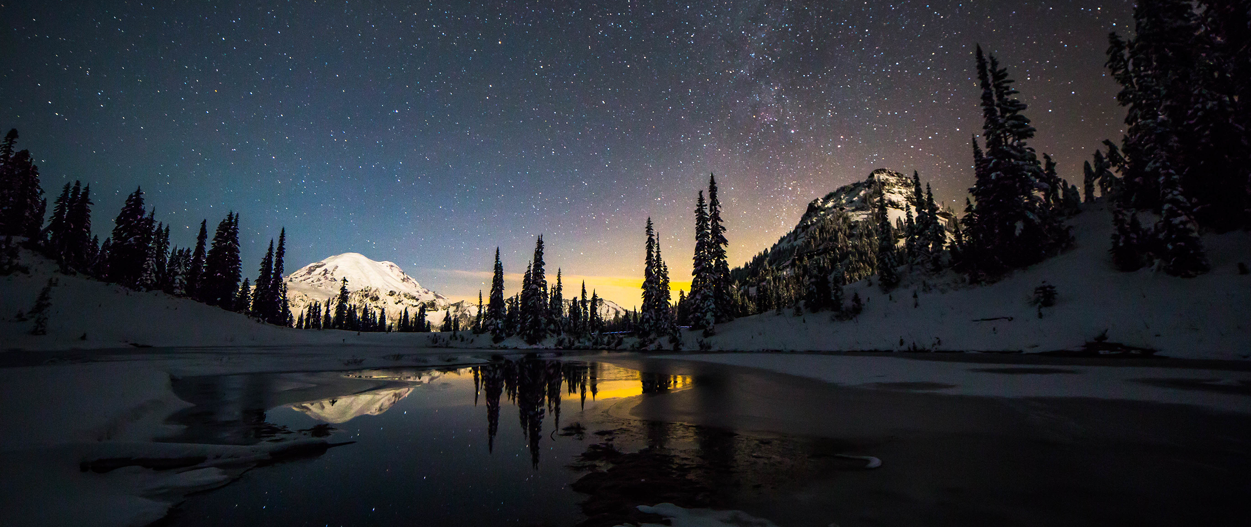 Snowy Mountain Landscape Under a Starry Night Sky HD Wallpaper