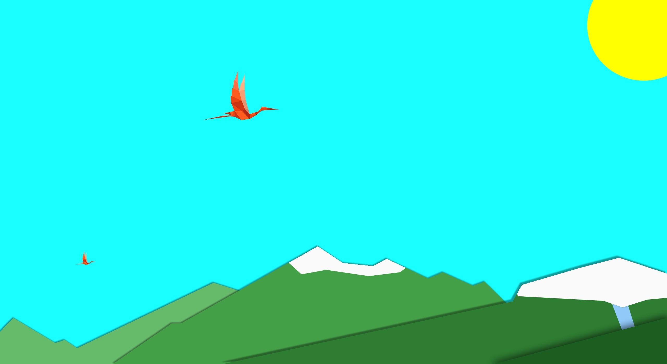 Minimalist landscape with birds flying over mountains HD Wallpaper