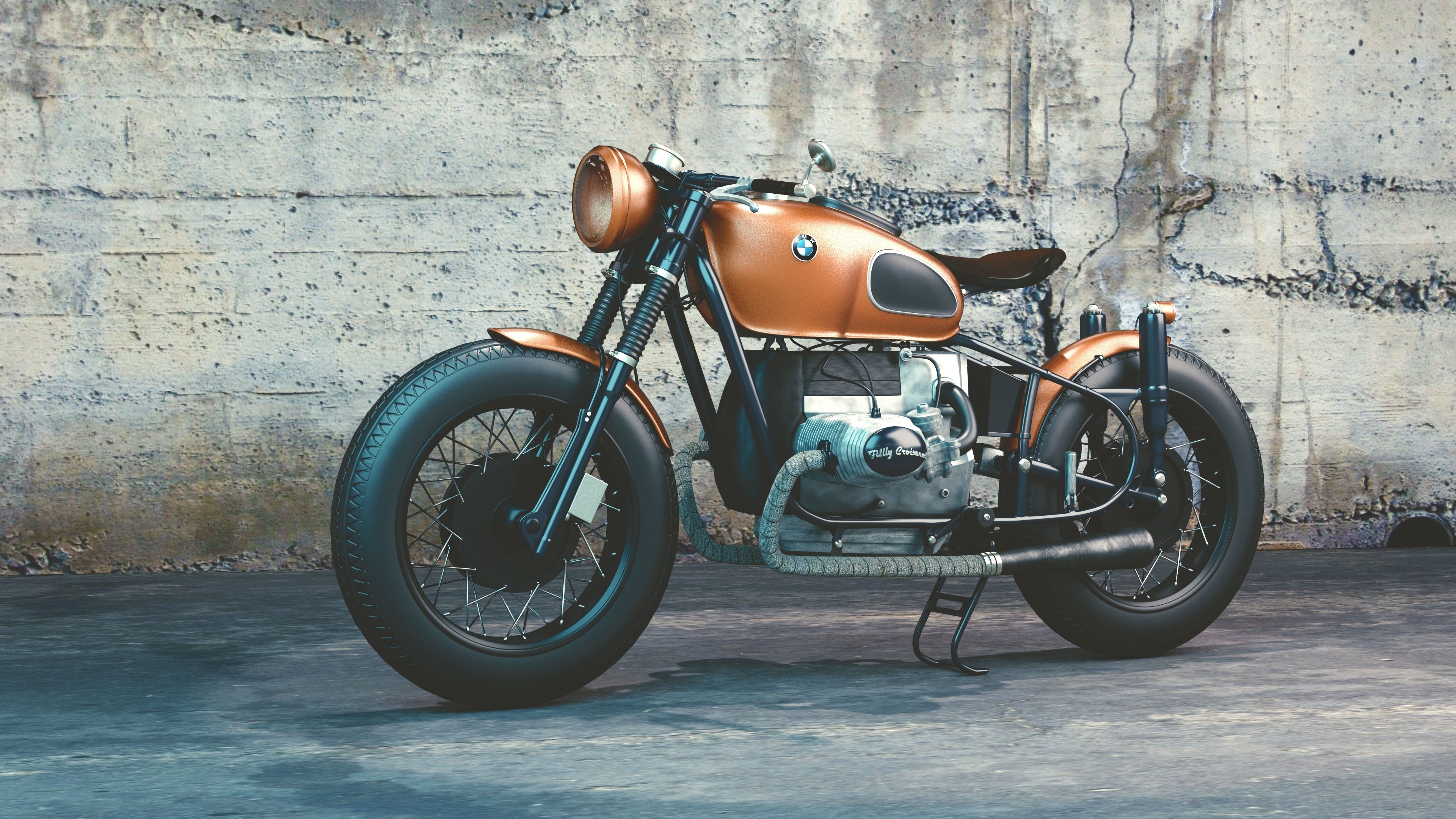 Copper BMW motorcycle parked against a concrete wall HD Wallpaper