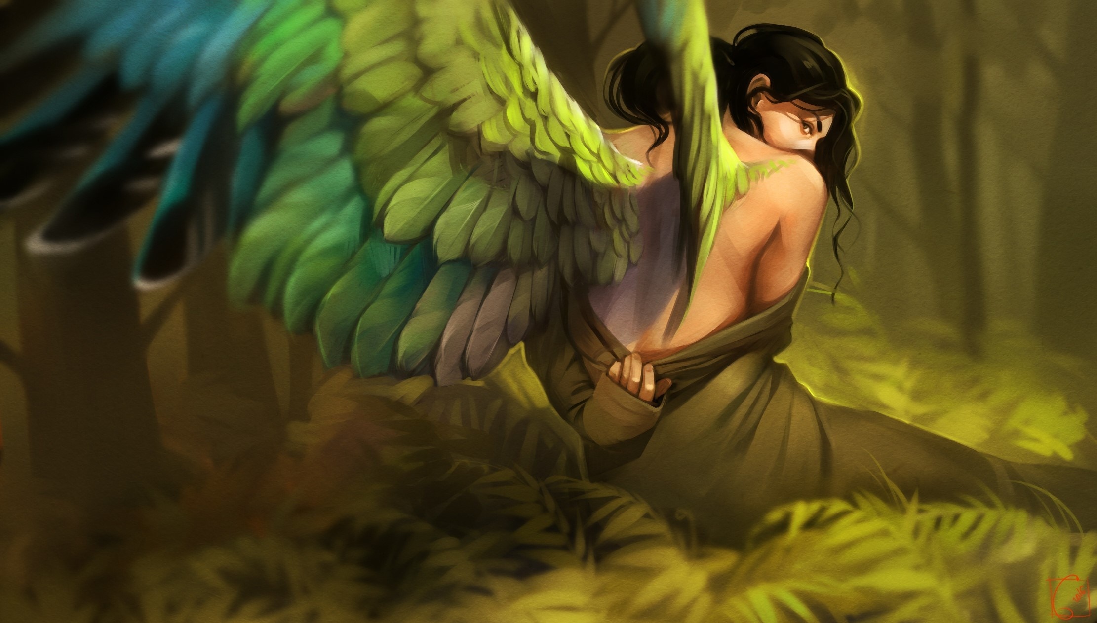Fantasy girl with green wings in a jungle HD Wallpaper